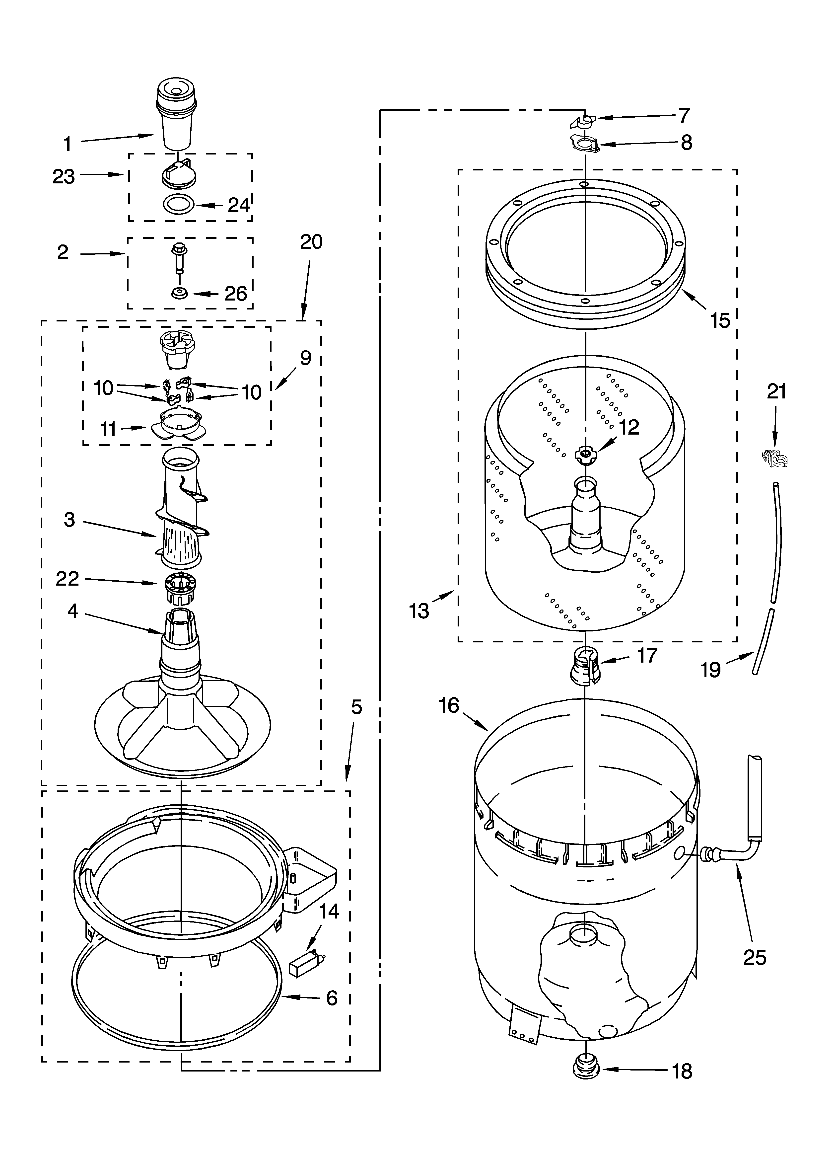 Whirlpool 7MGST9679PW1 agitator, basket and tub parts diagram