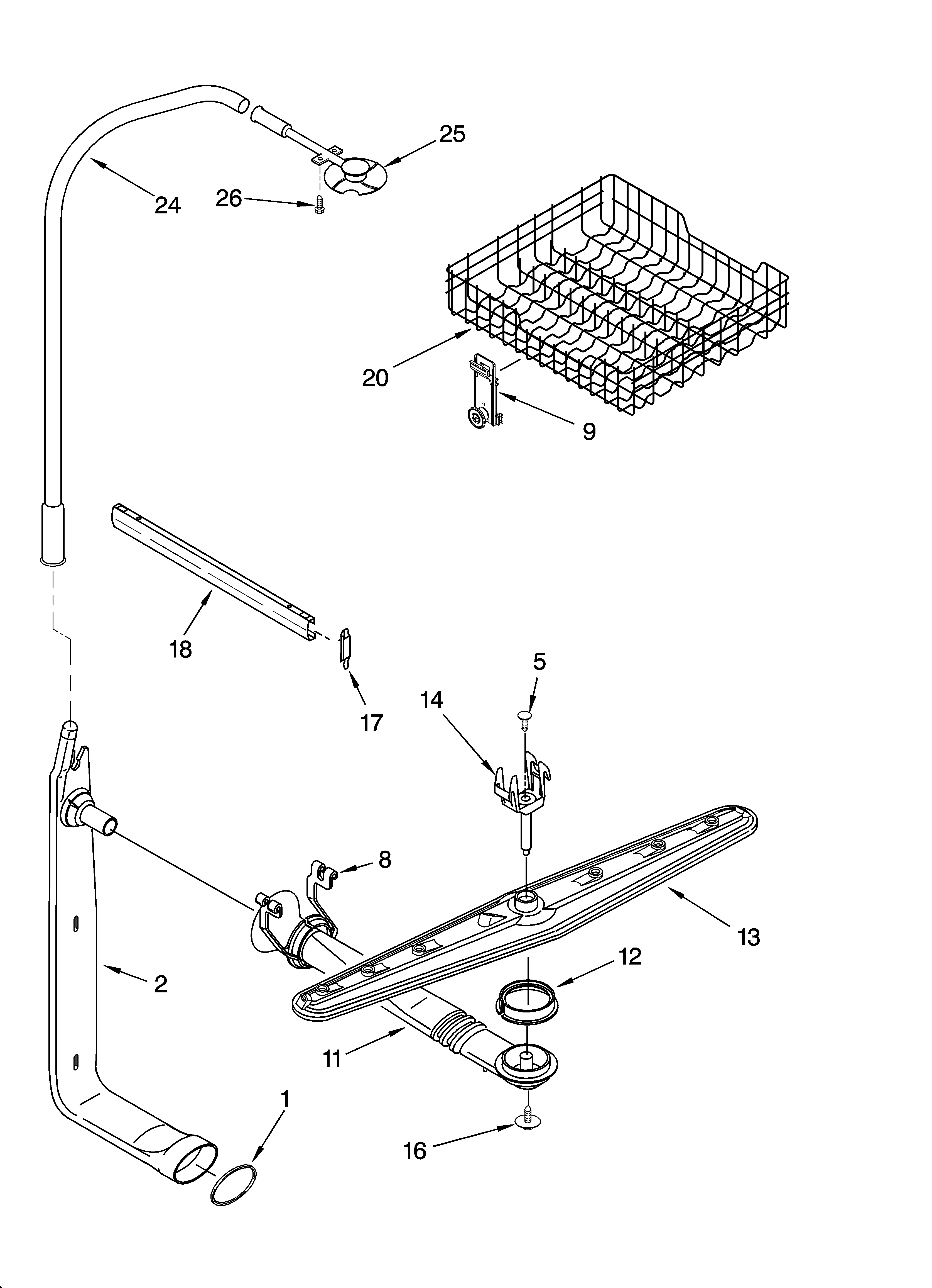 Whirlpool DU945PWPQ1 upper dishrack and water feed parts diagram
