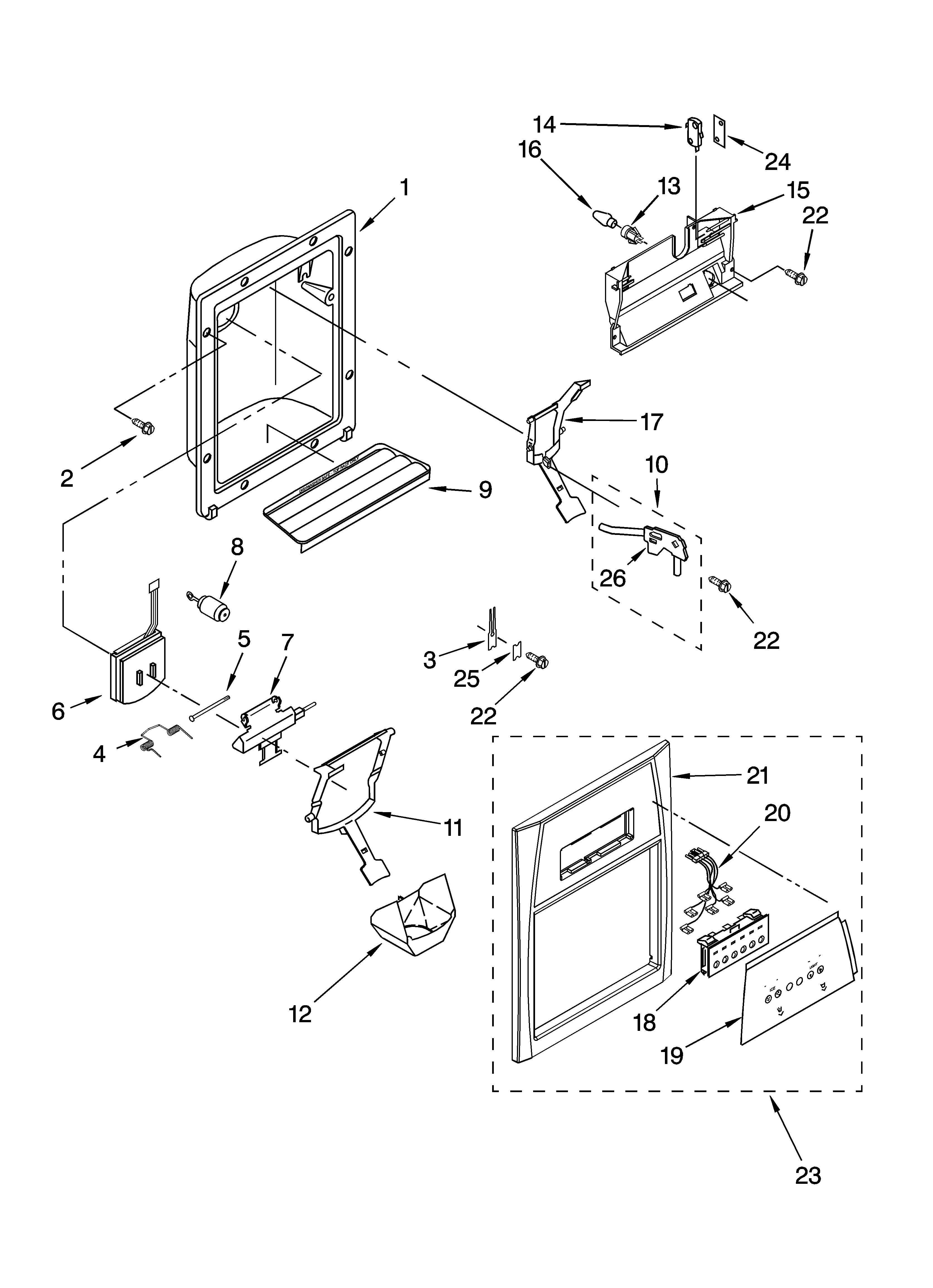 Whirlpool GD5RHAXRL00 dispenser front parts diagram