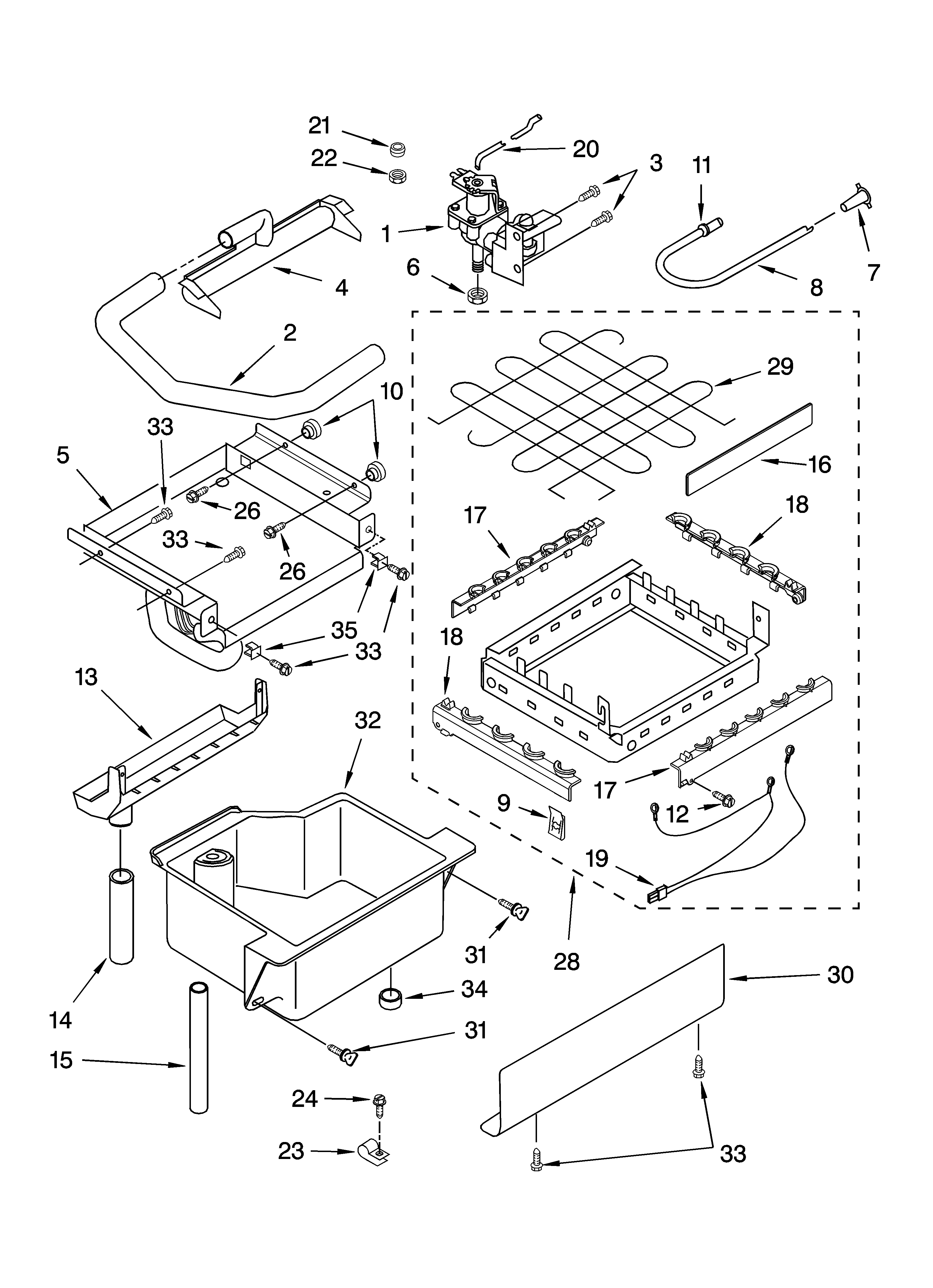 Whirlpool GI1500PHB7 evaporator ice cutter grid and water parts diagram