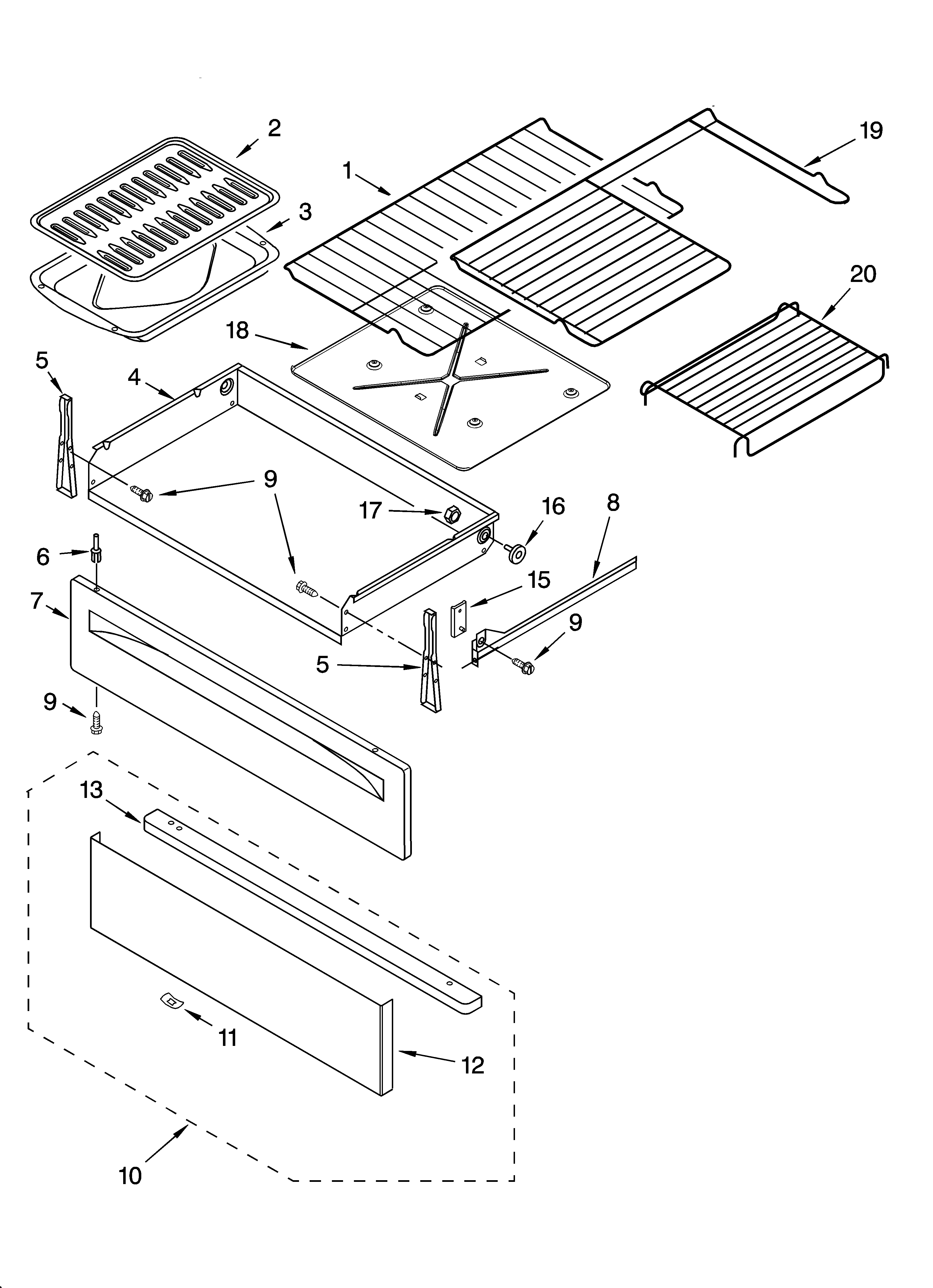 Whirlpool GR448LXPS2 drawer & broiler parts diagram