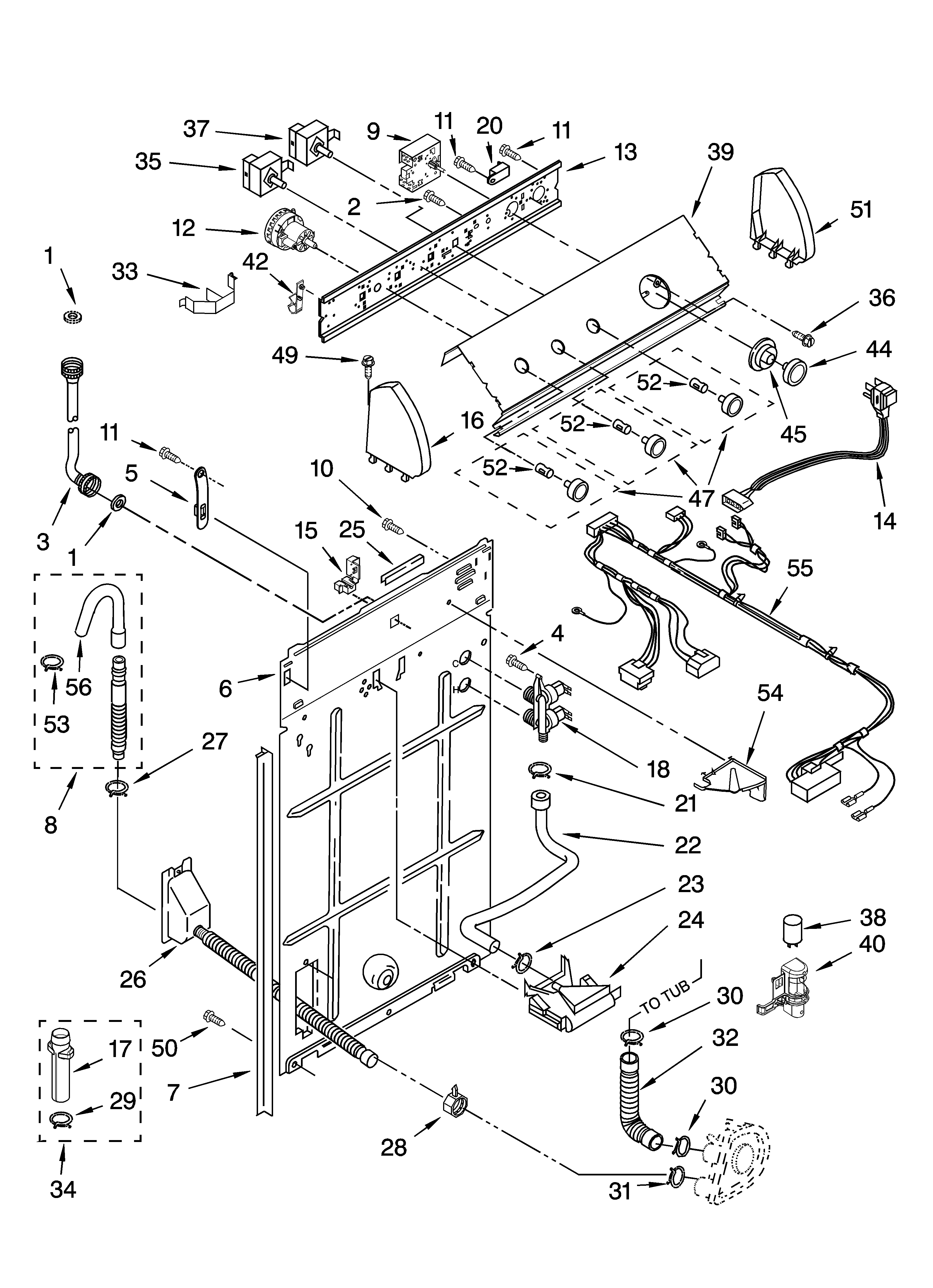 Whirlpool 2DLSQ7533JQ4 controls and rear panel parts diagram