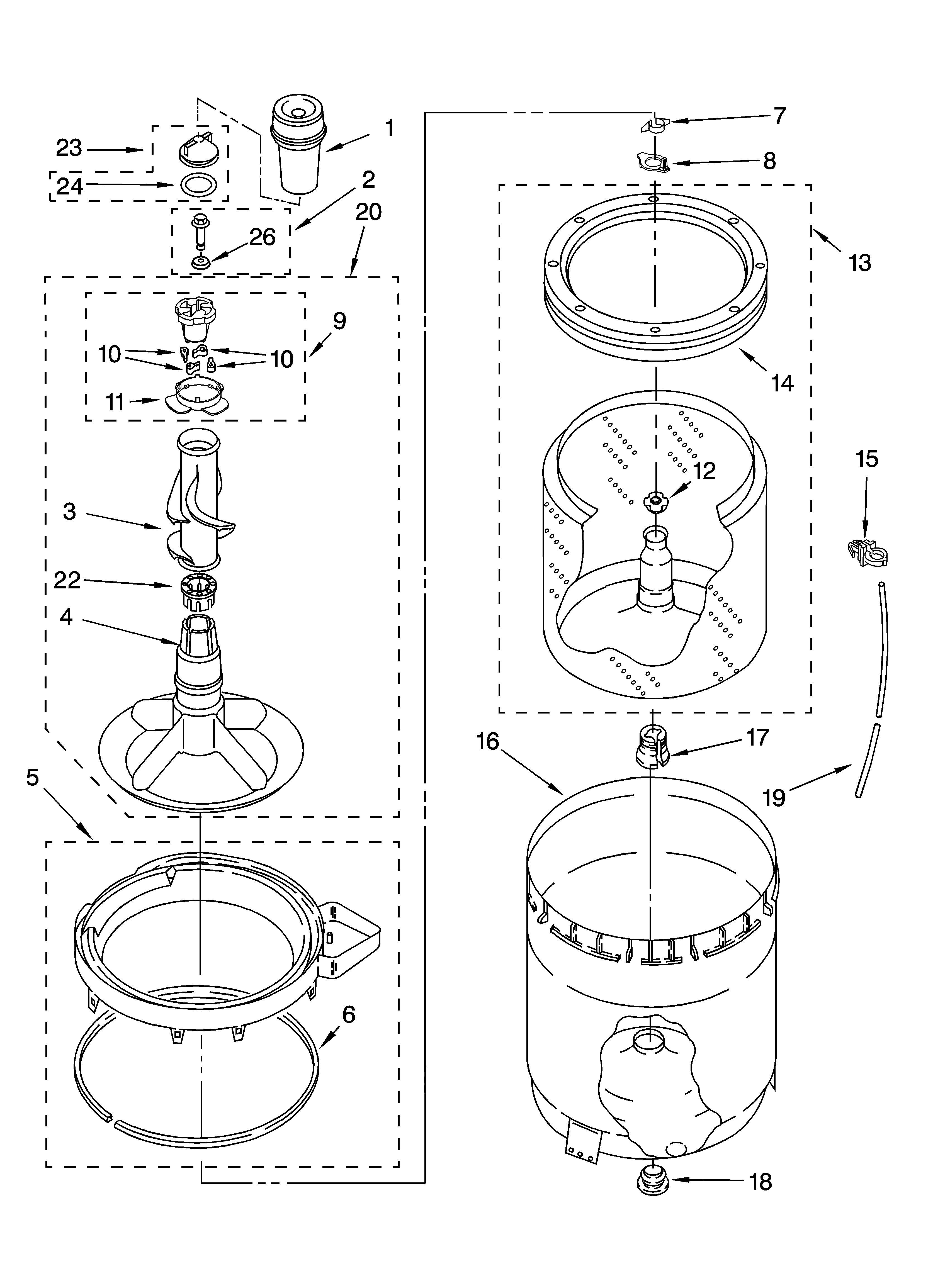 Whirlpool 2DLSQ7533JQ4 agitator, basket and tub parts diagram