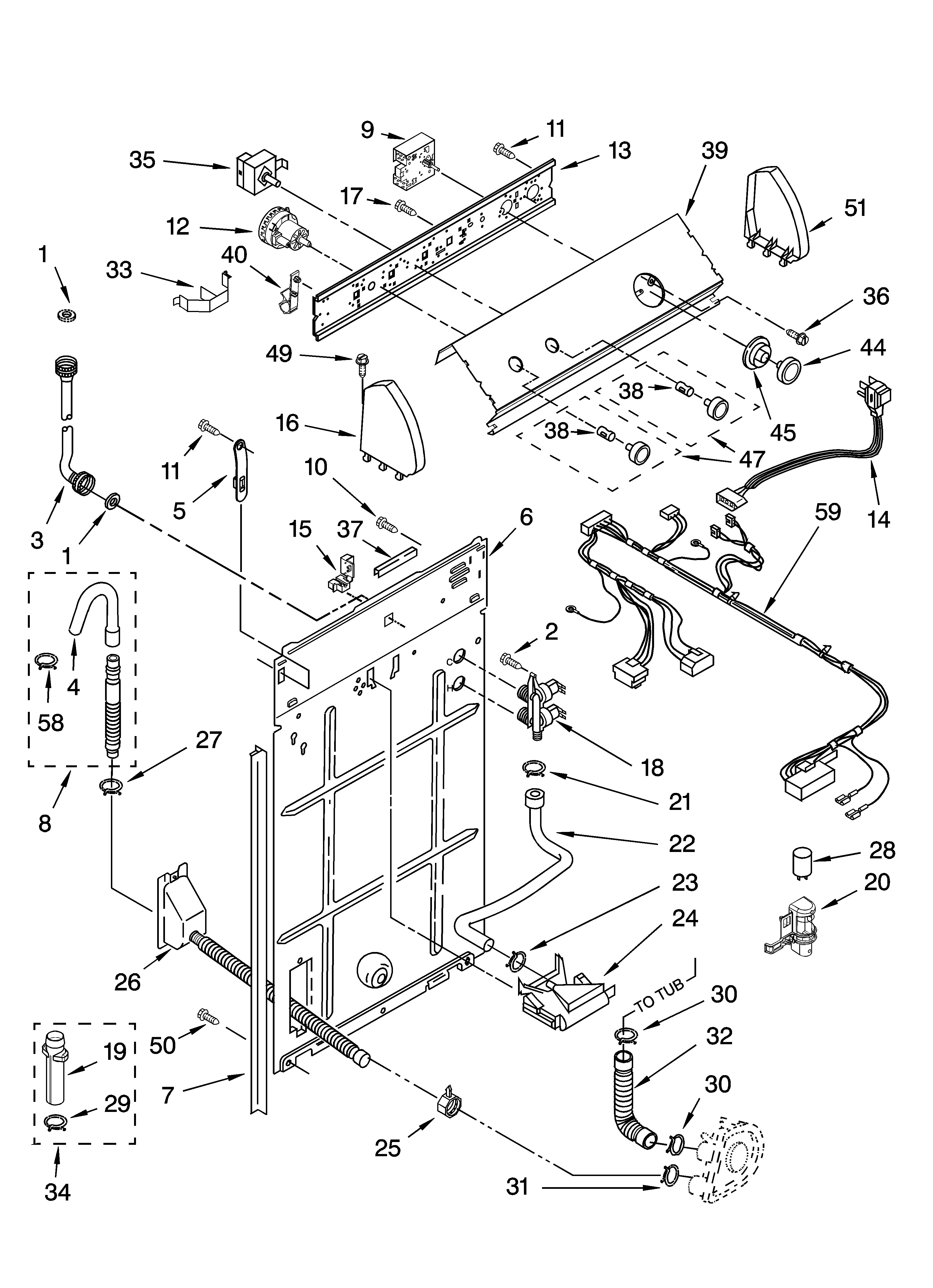 Whirlpool 2DLXR7244MQ2 control and rear panel parts diagram