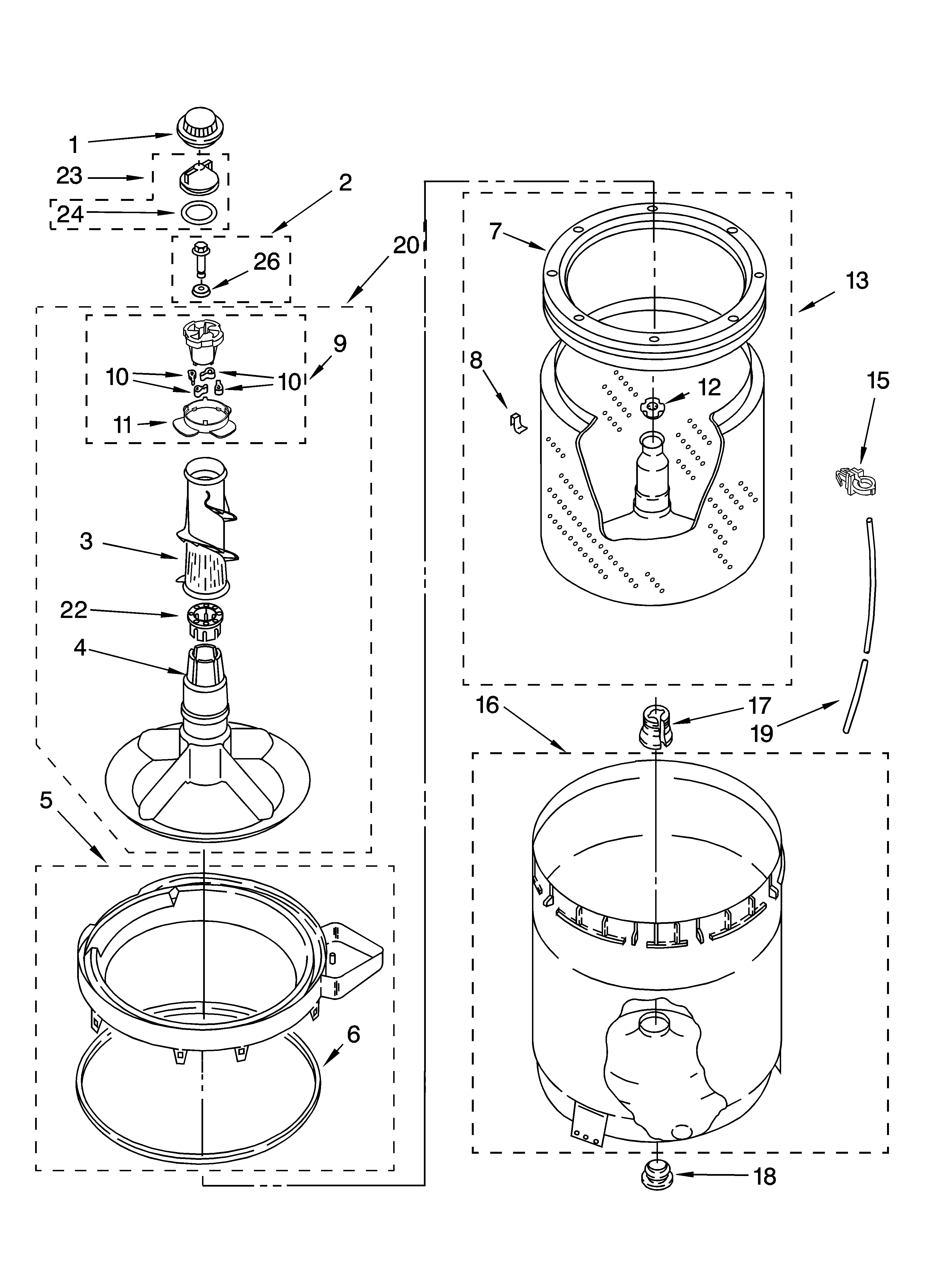 Whirlpool 2DLXR7244MQ2 agitator, basket and tub parts diagram