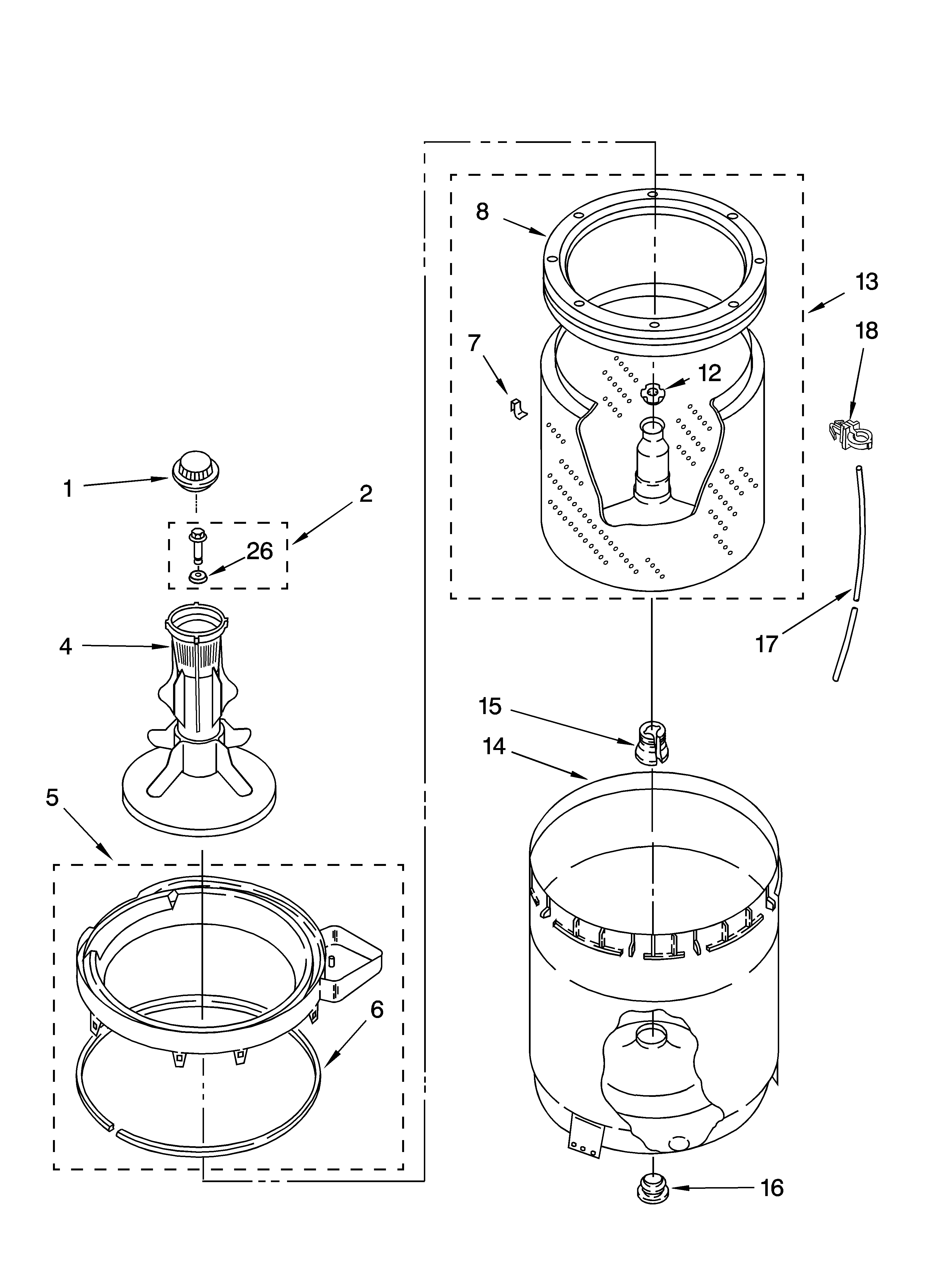 Whirlpool 7MLBR6103PQ1 agitator, basket and tub parts diagram
