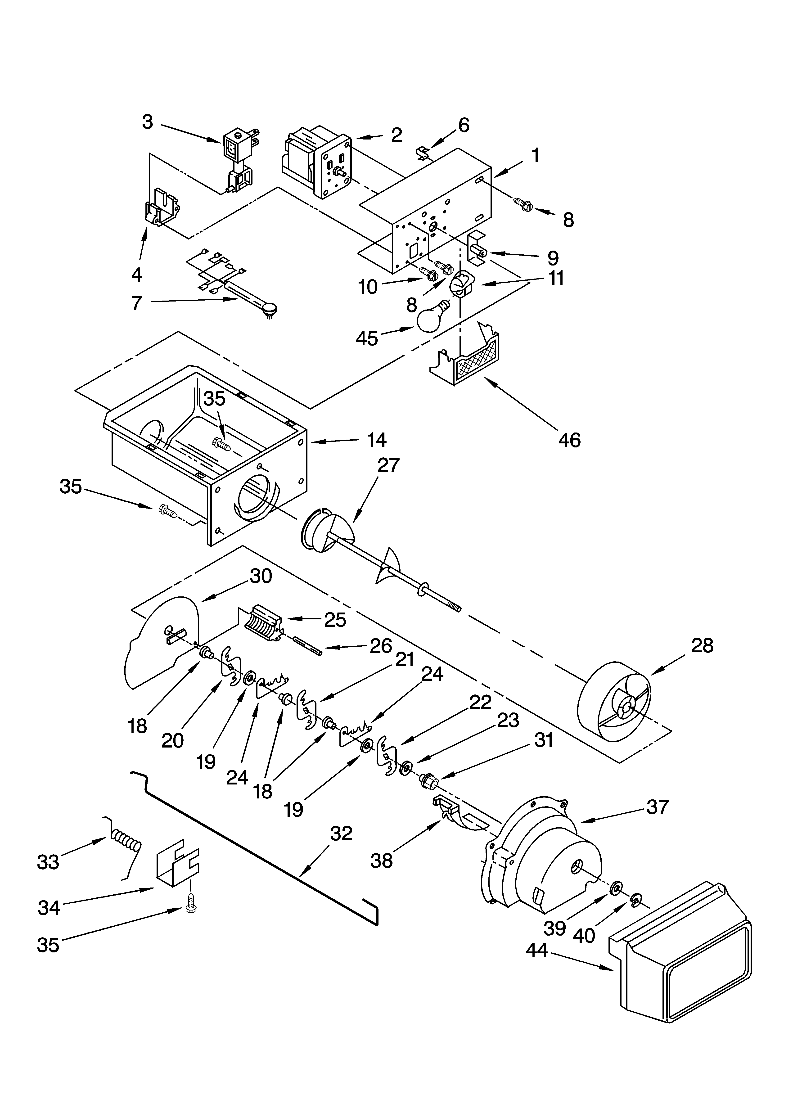 Whirlpool BRS70BBANA01 motor and ice container parts diagram