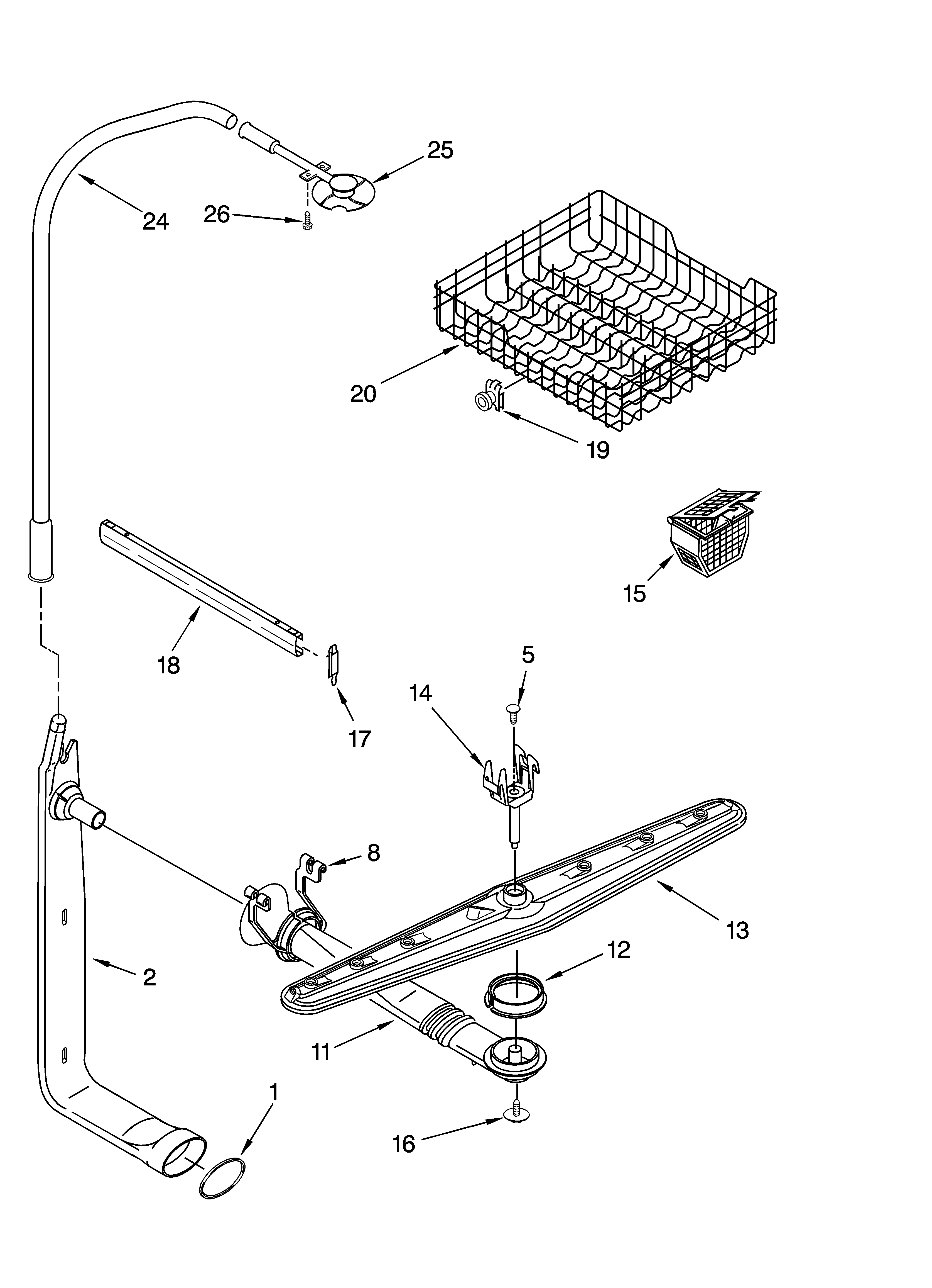 Whirlpool DUL140PPQ1 upper dishrack and water feed parts diagram