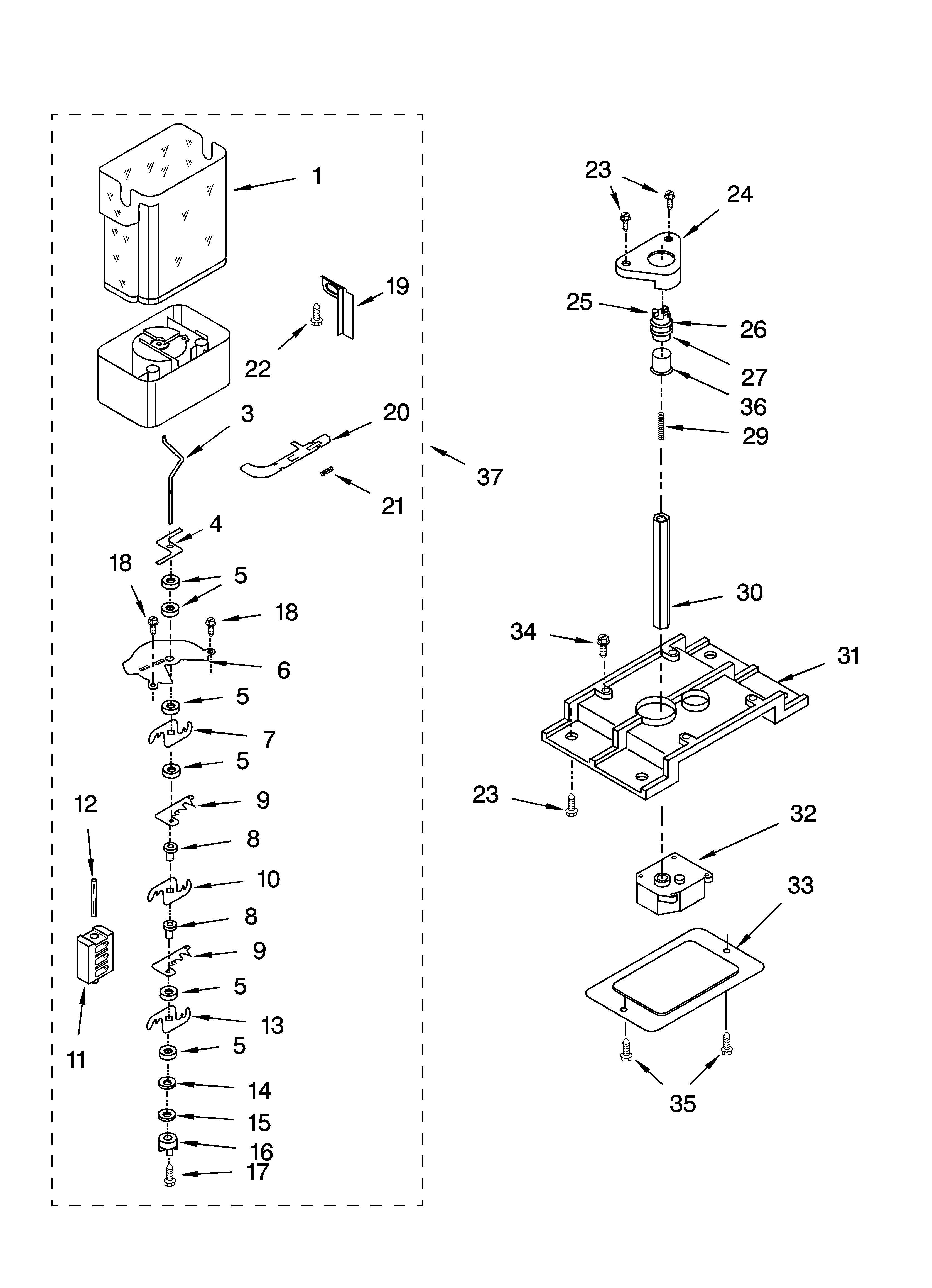 Whirlpool GC1SHAXMQ00 motor and ice container parts diagram