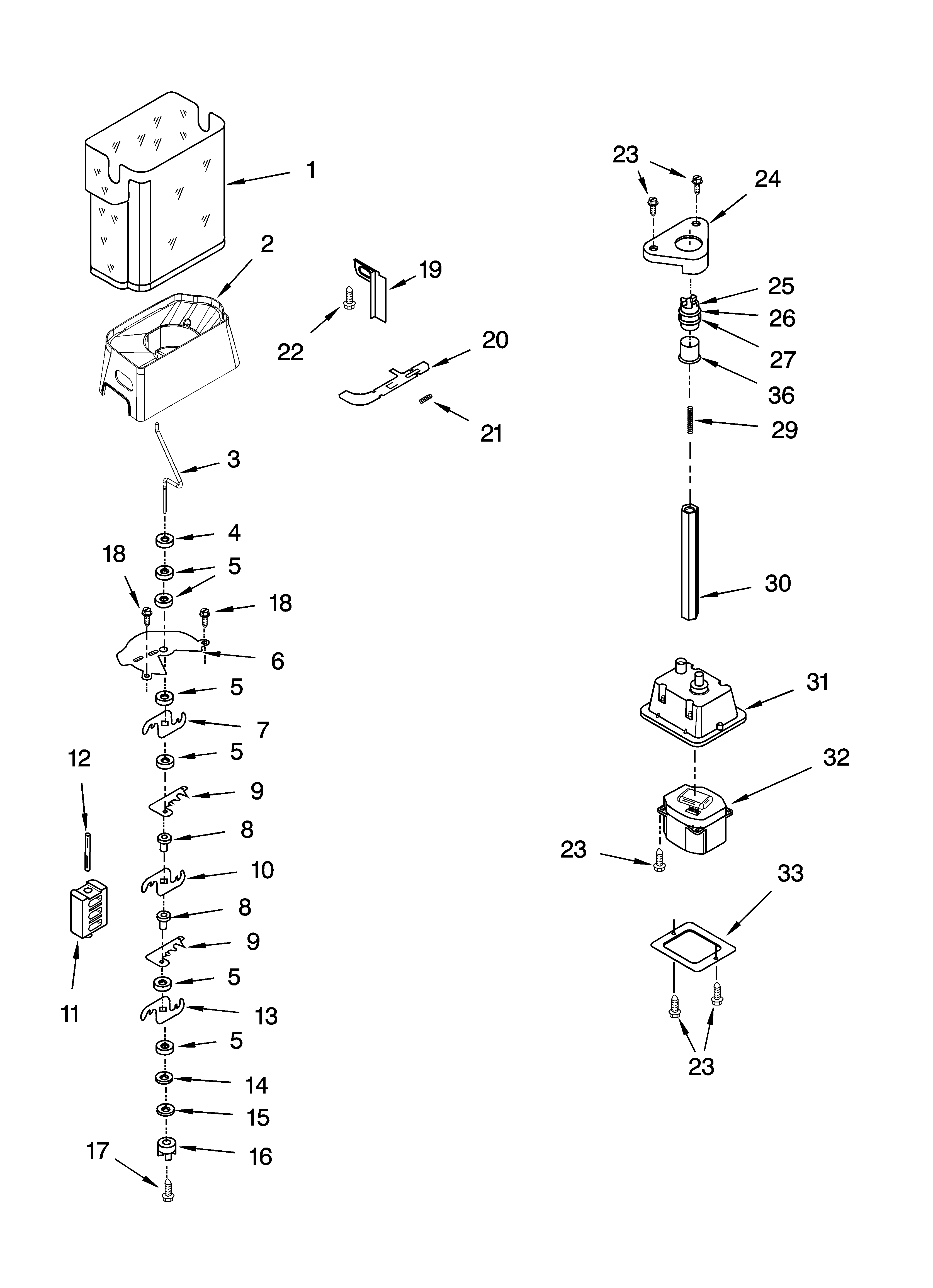 Whirlpool GC5CHAXNQ00 motor and ice container parts diagram