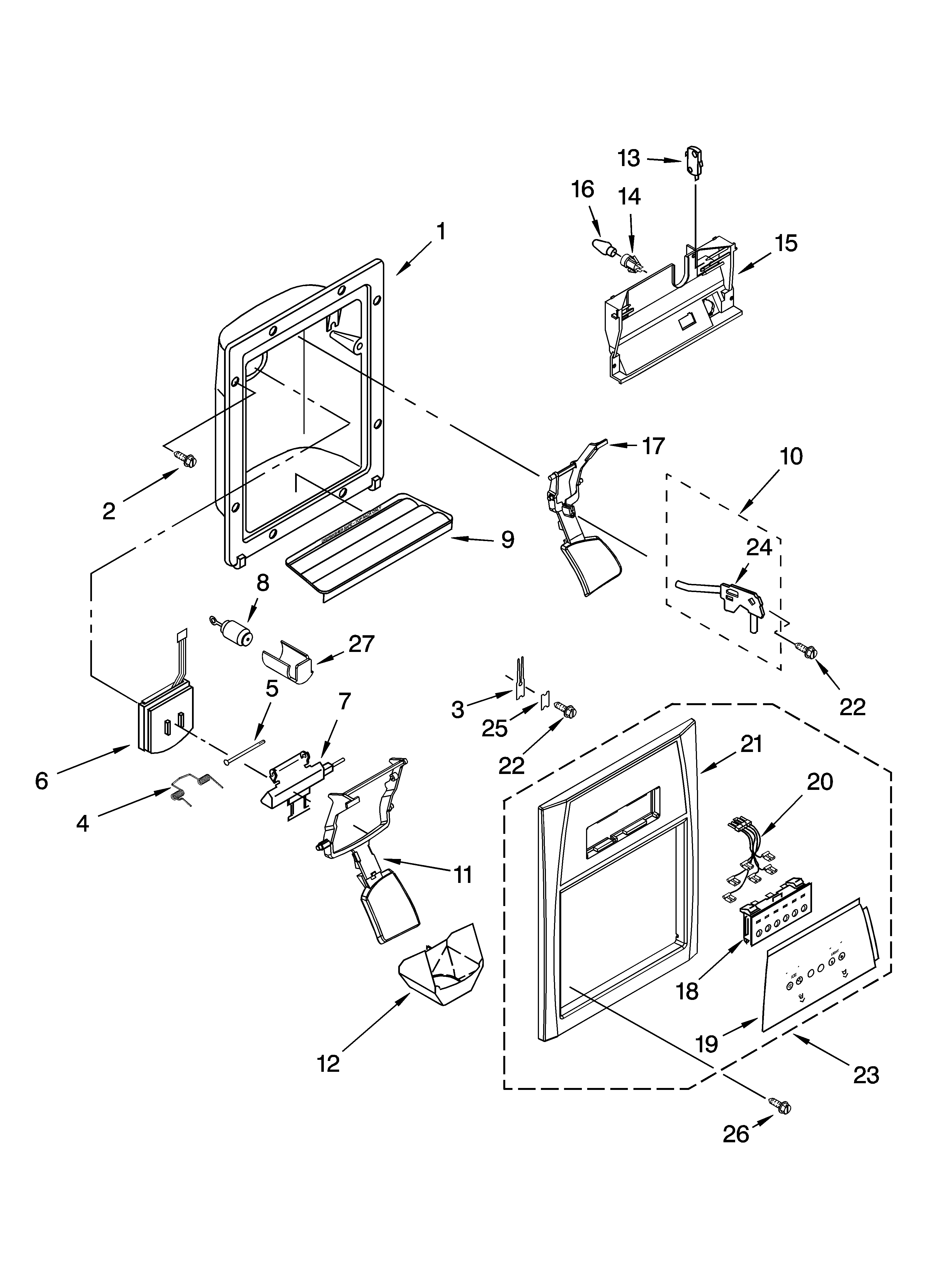 Whirlpool GC5CHAXNQ00 dispenser front parts diagram
