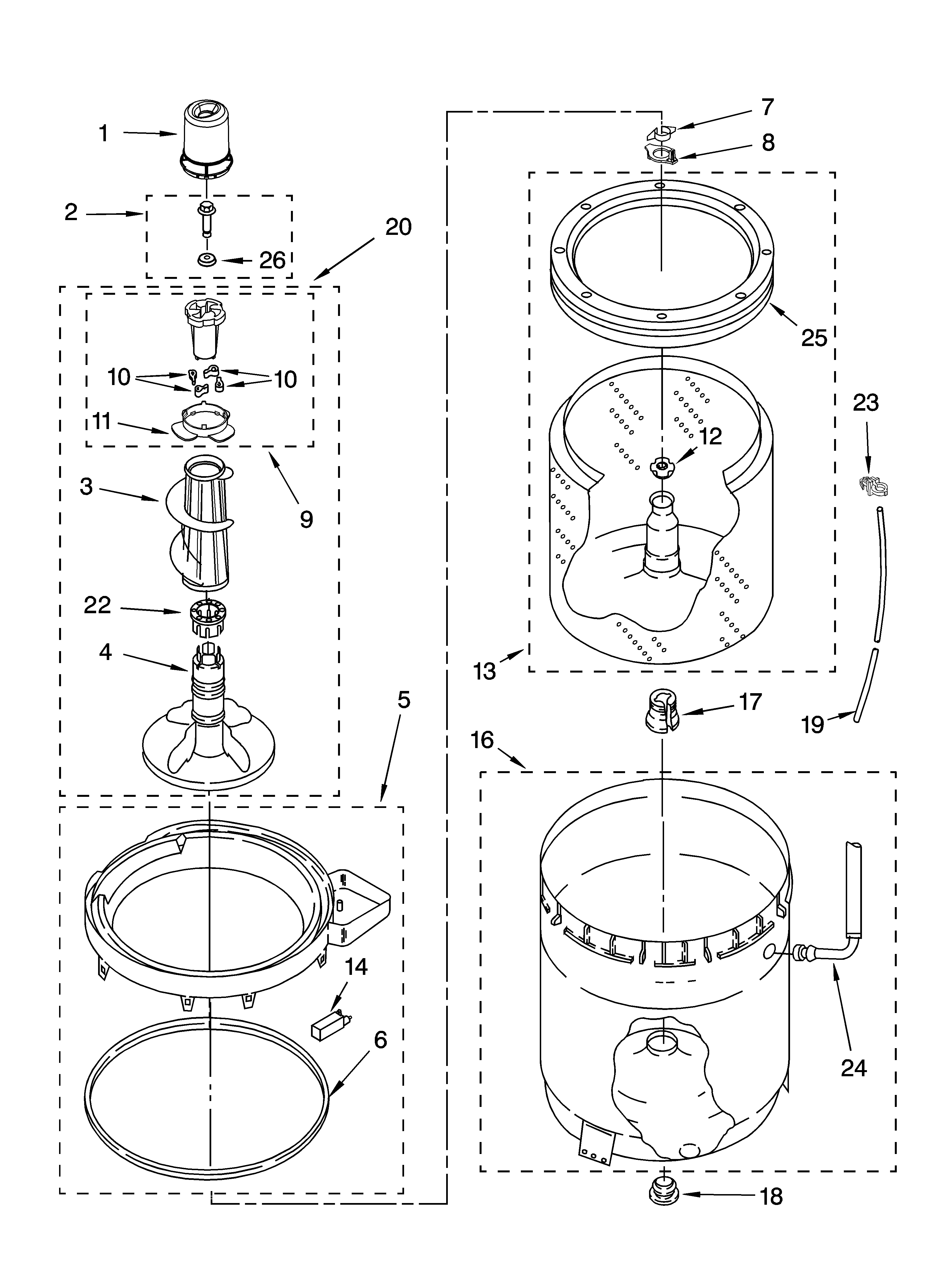 Whirlpool GST9630PG3 agitator, basket and tub parts diagram