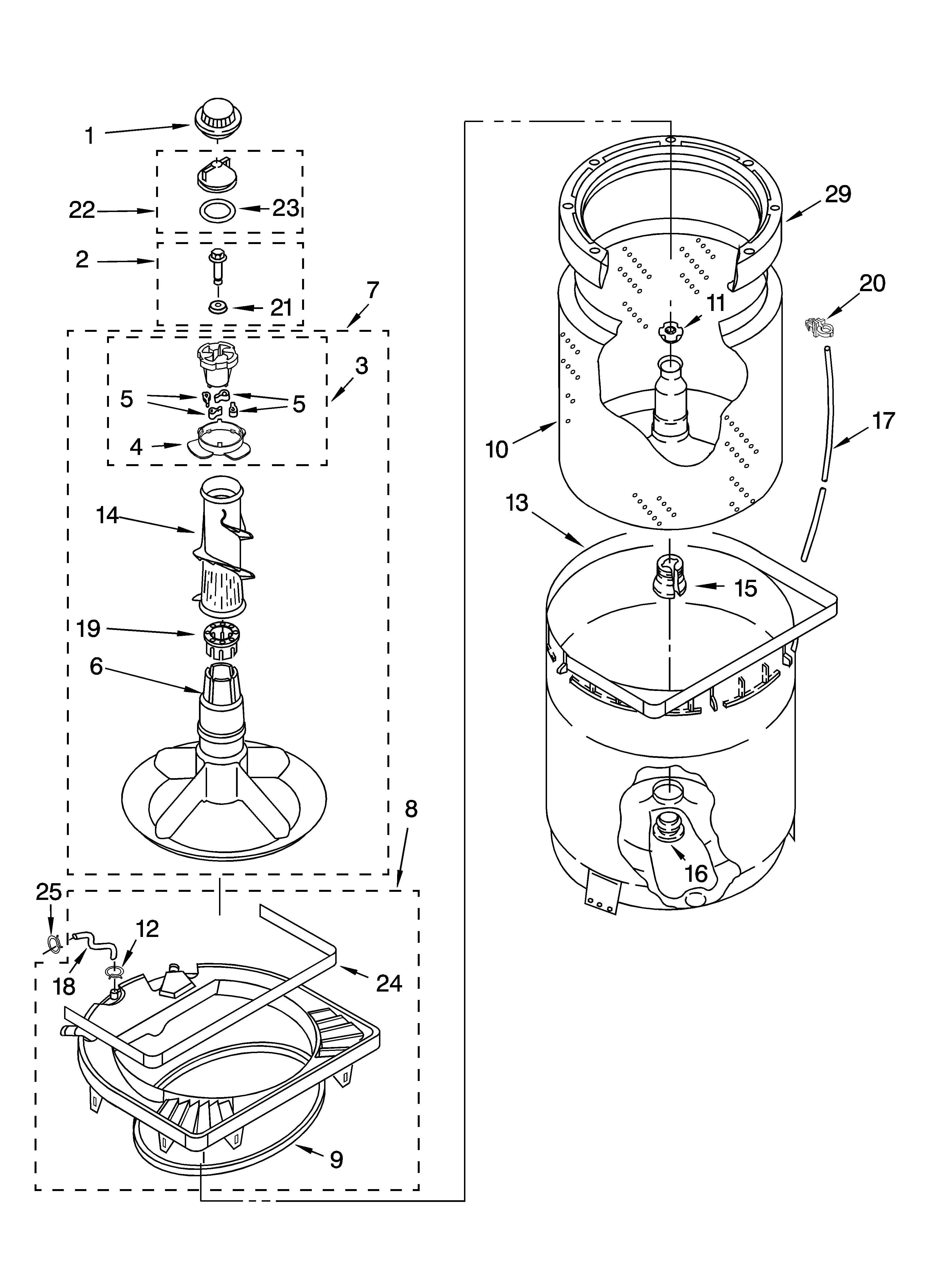 Whirlpool GSX9750PW1 agitator, basket and tub parts diagram