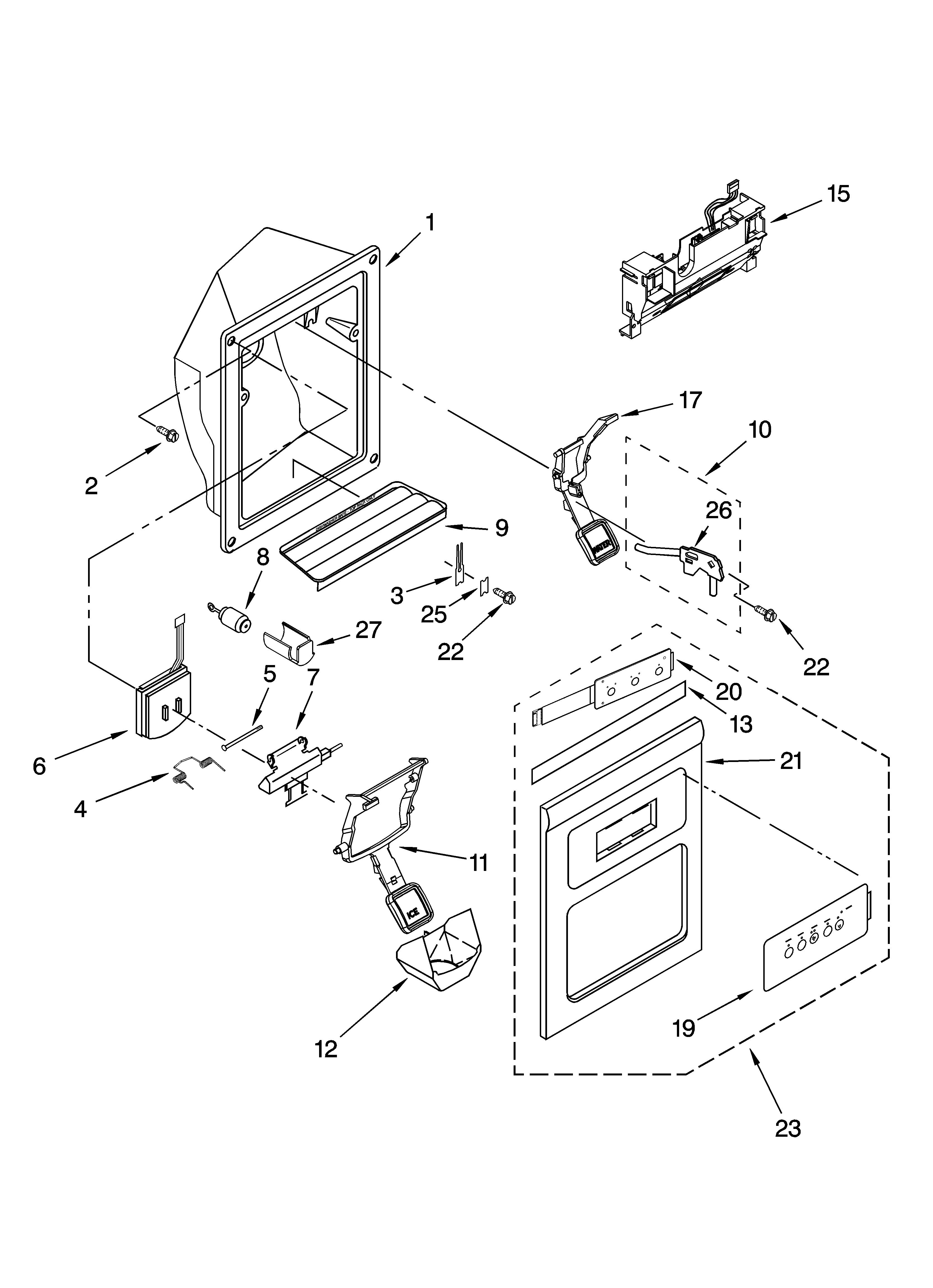 KitchenAid KSRB22FRBX01 dispenser front parts diagram