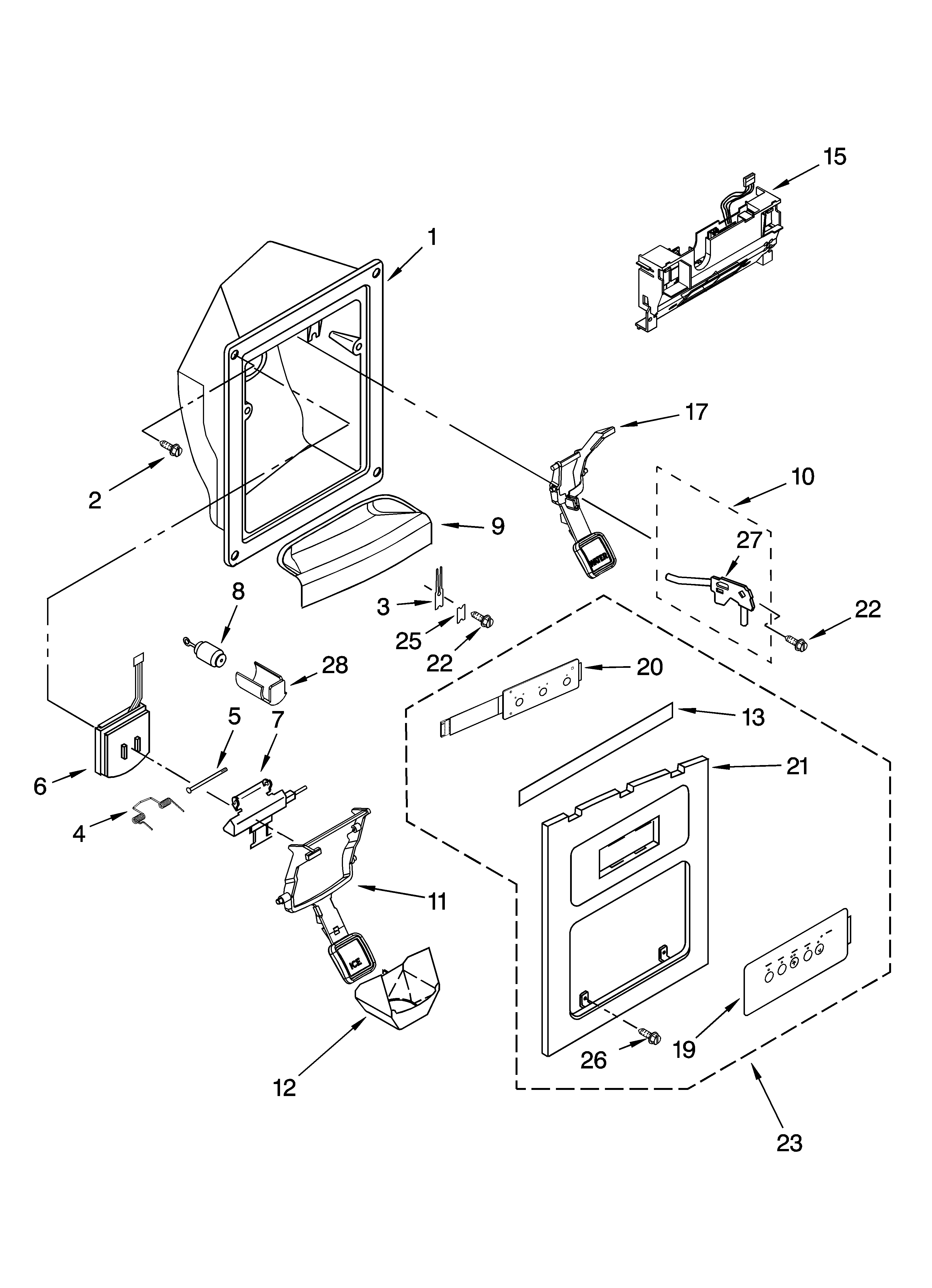 KitchenAid KSRB25FRBX01 dispenser front parts diagram