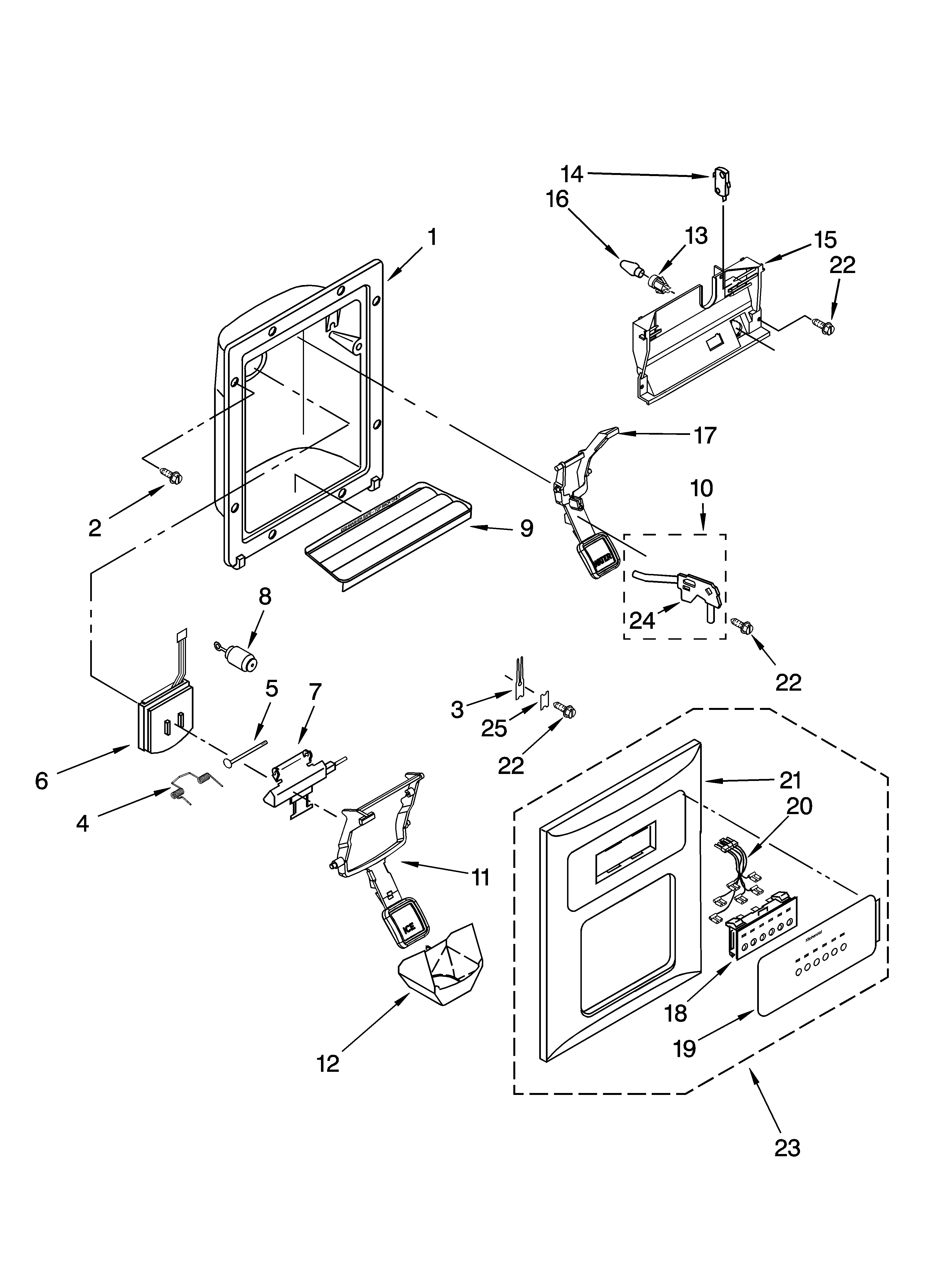 KitchenAid KSRD22FKWH16 dispenser front parts diagram