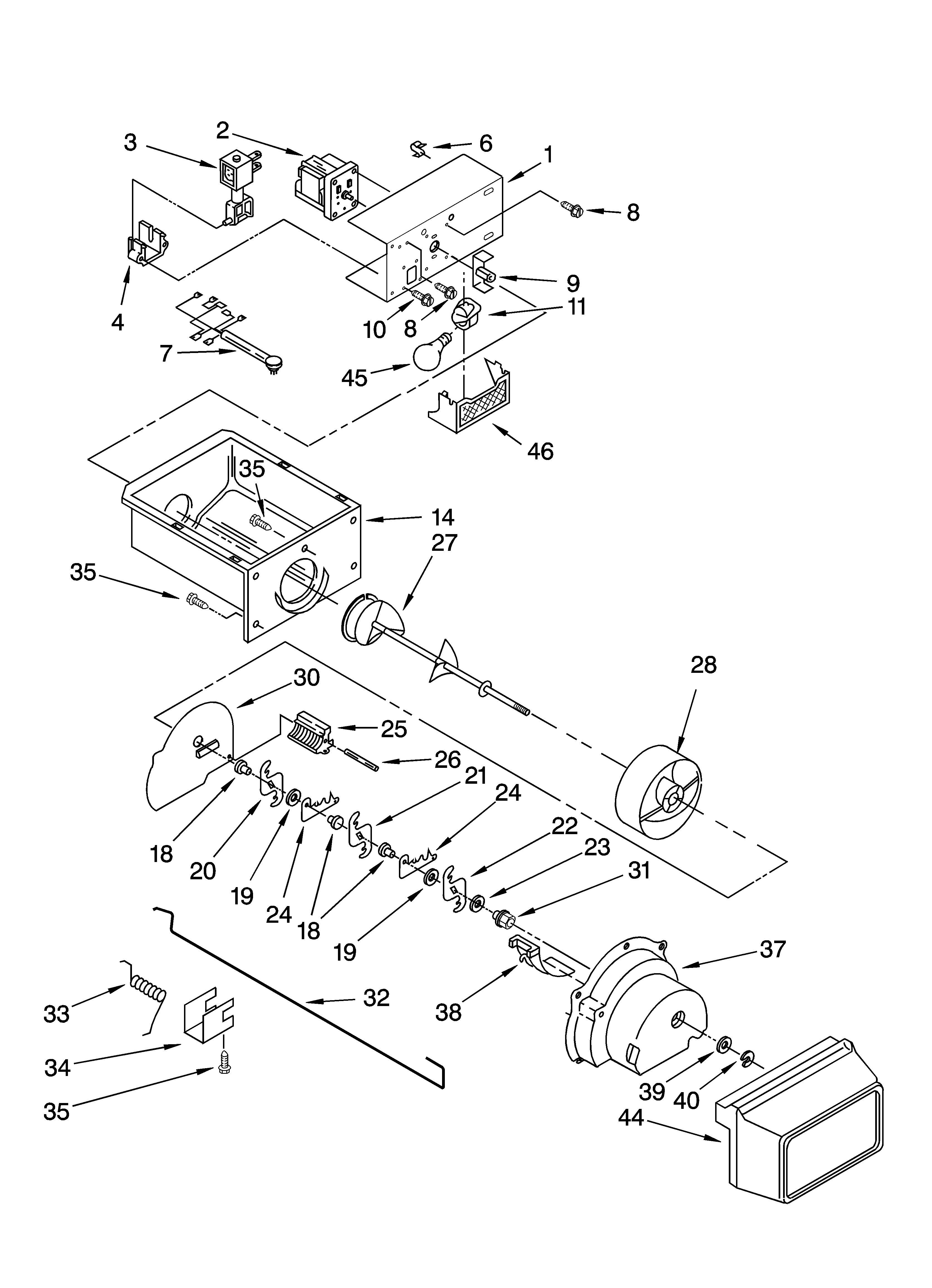 KitchenAid KSRD25FKWH16 motor and ice container parts diagram