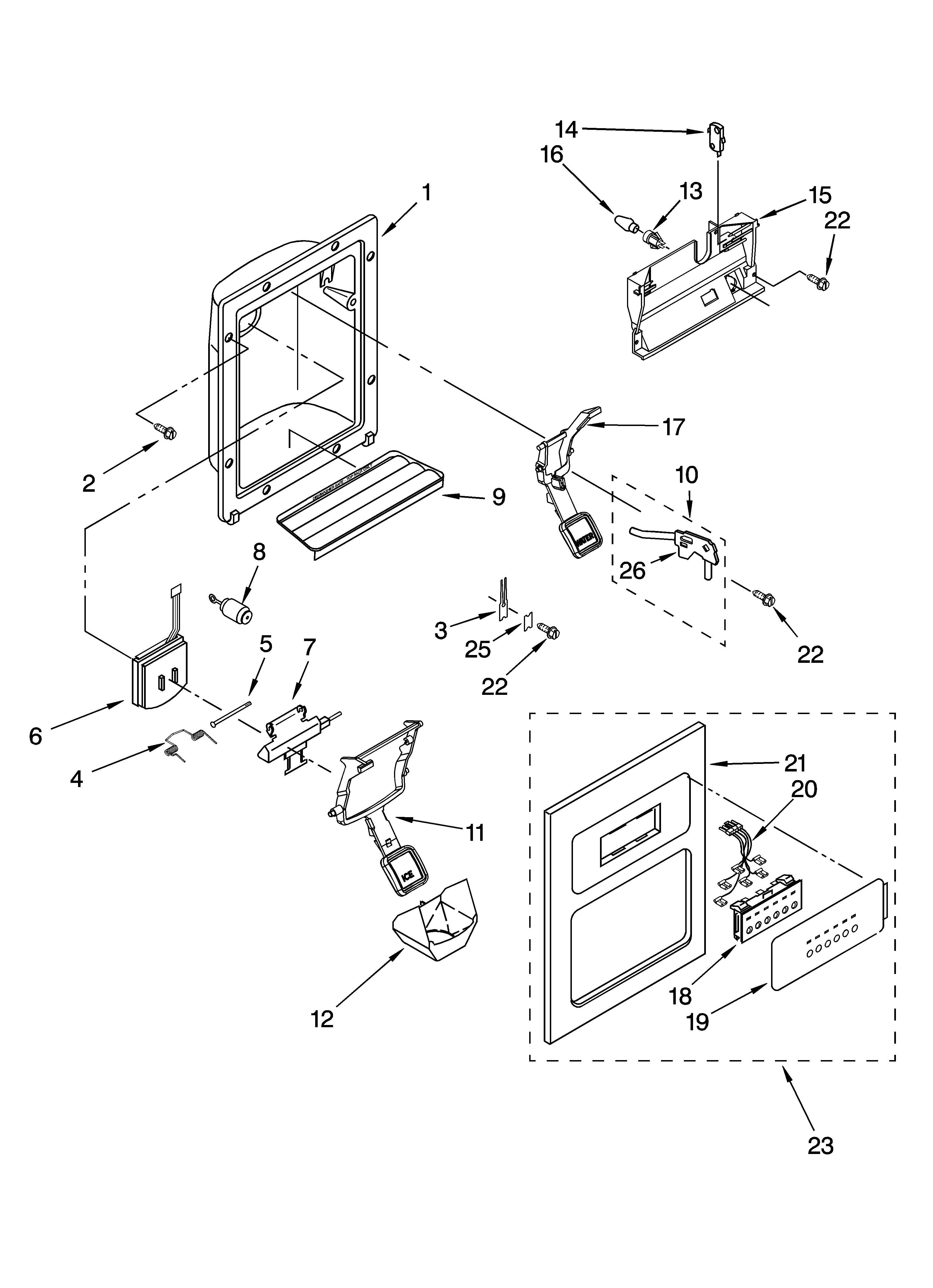 KitchenAid KSRD25FKWH16 dispenser front parts diagram