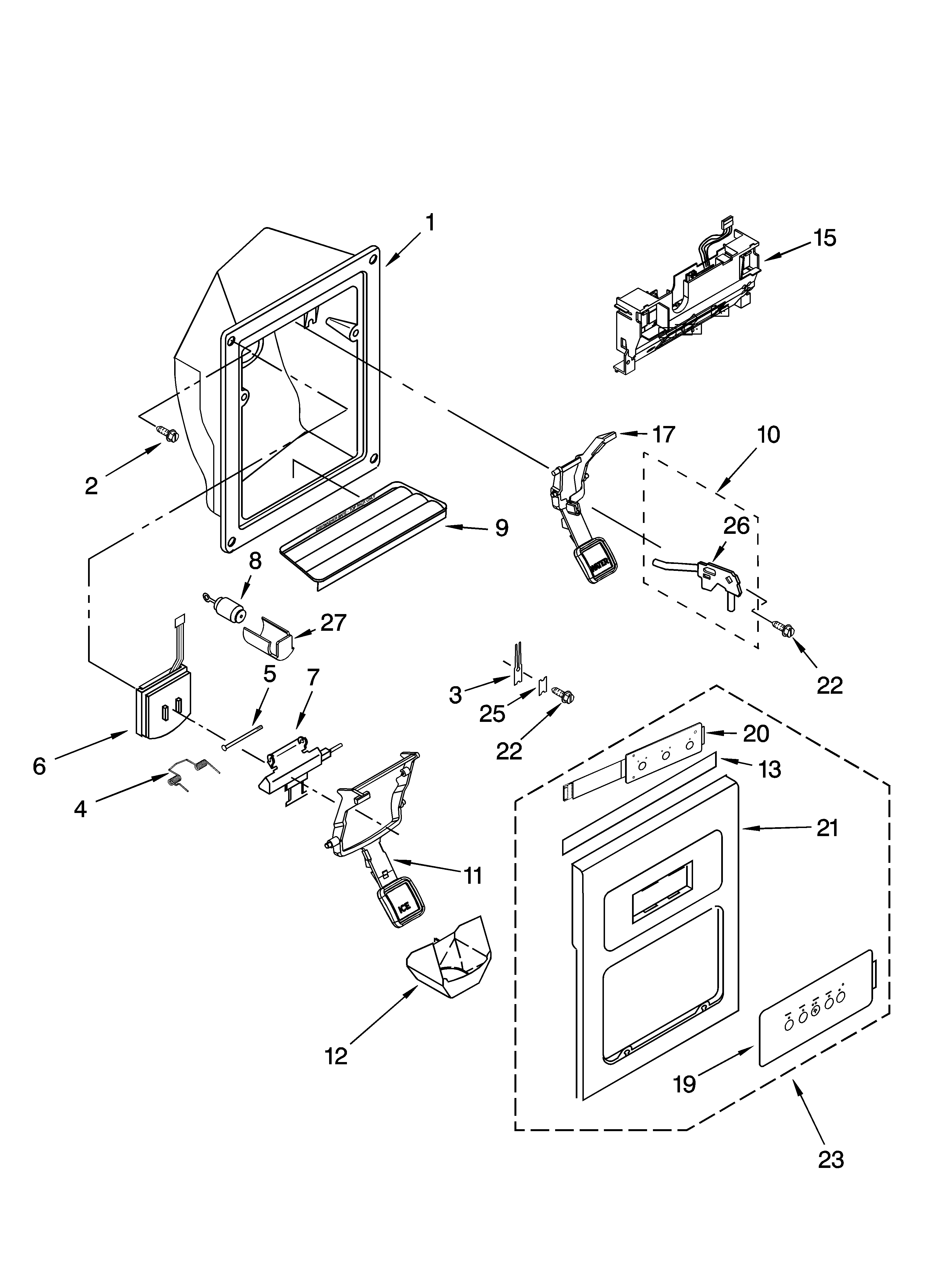 KitchenAid KSRP22FNWH01 dispenser front parts diagram