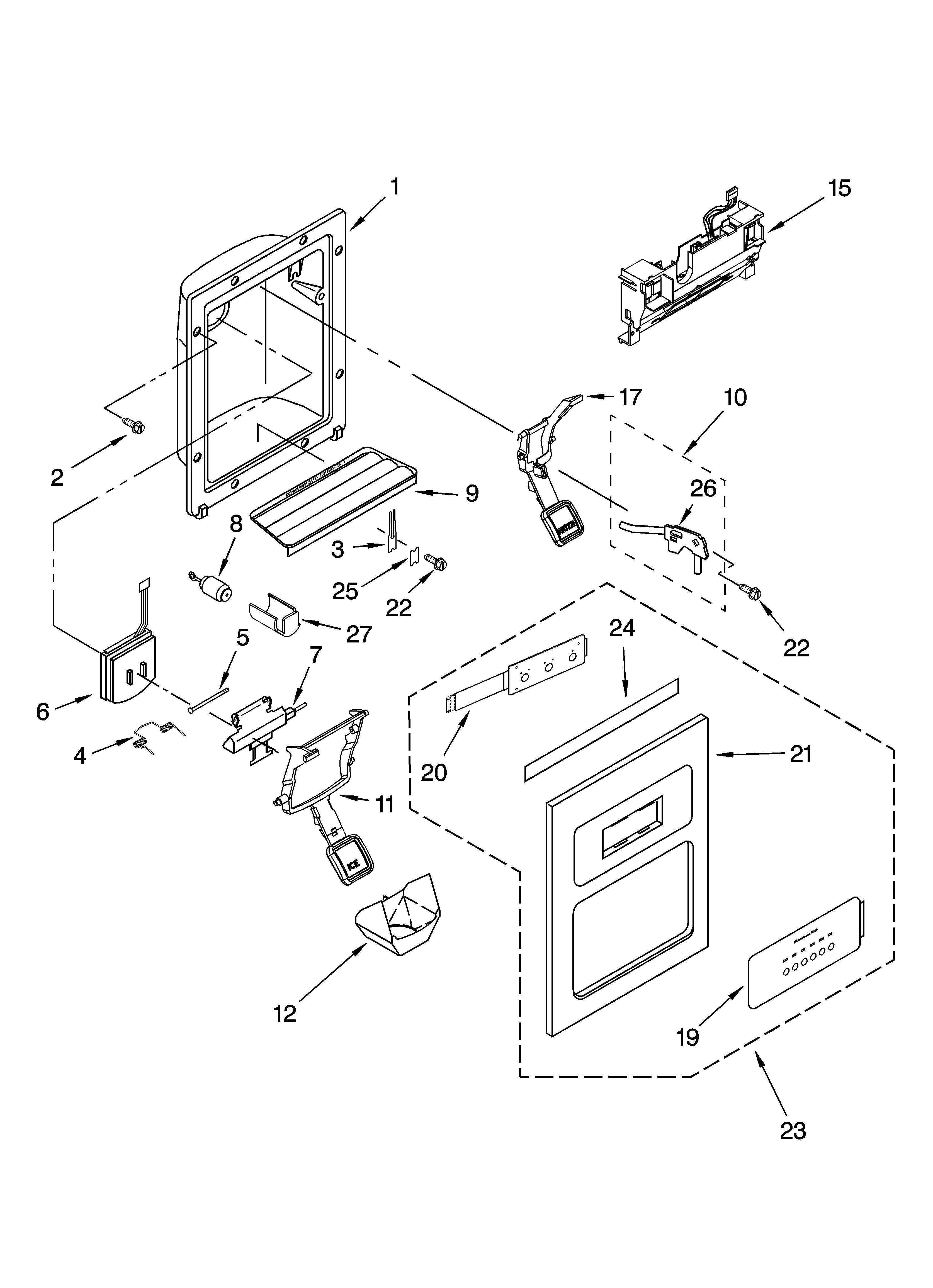 KitchenAid KSRP25FNBT01 dispenser front parts diagram