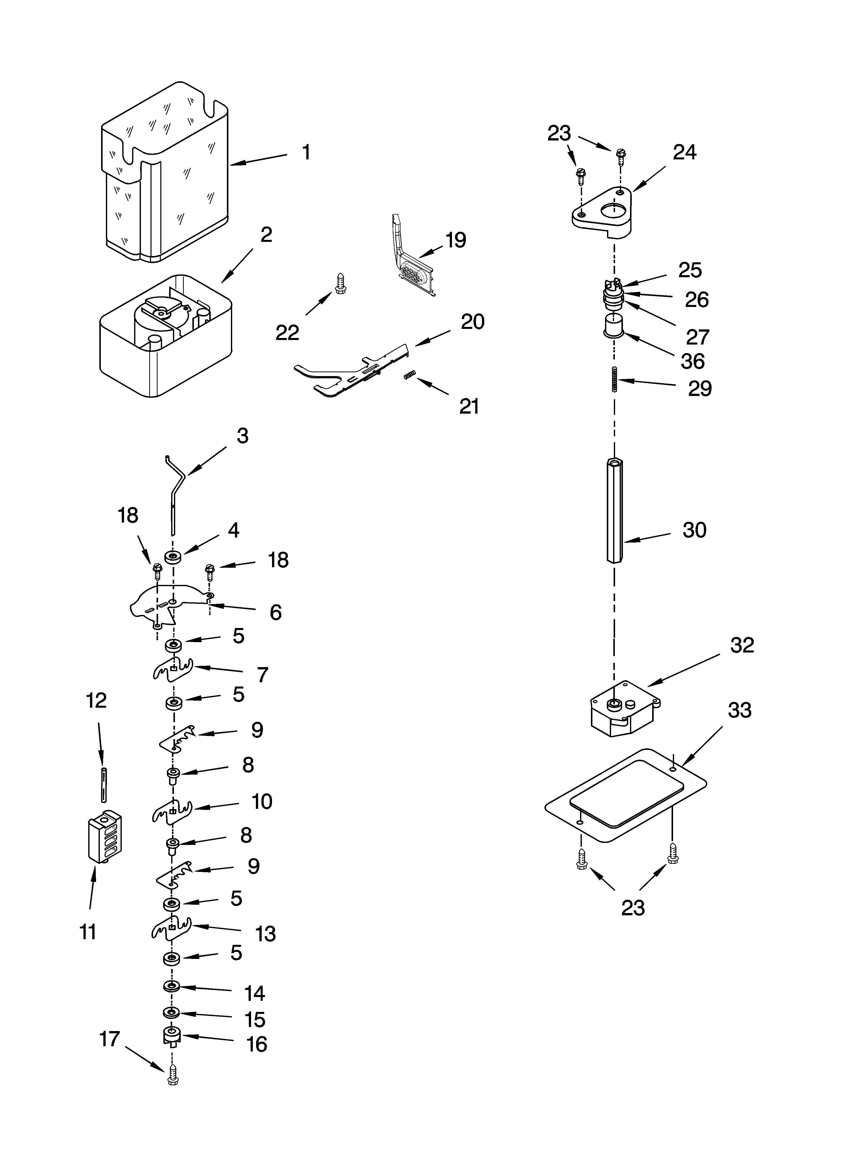 KitchenAid KSSC36QMS02 motor and ice container parts diagram