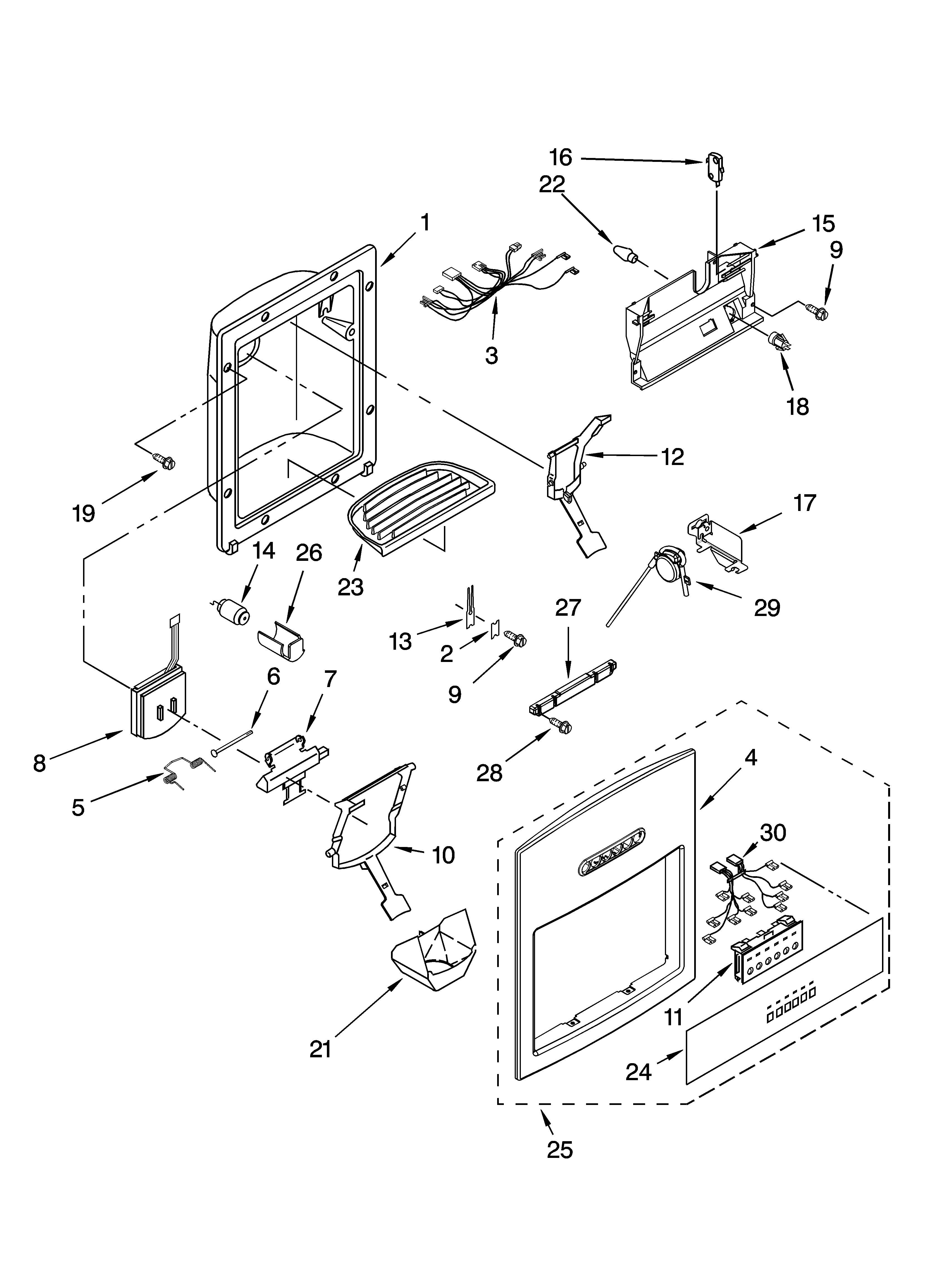 KitchenAid KSSC36QMS02 dispenser and front parts diagram