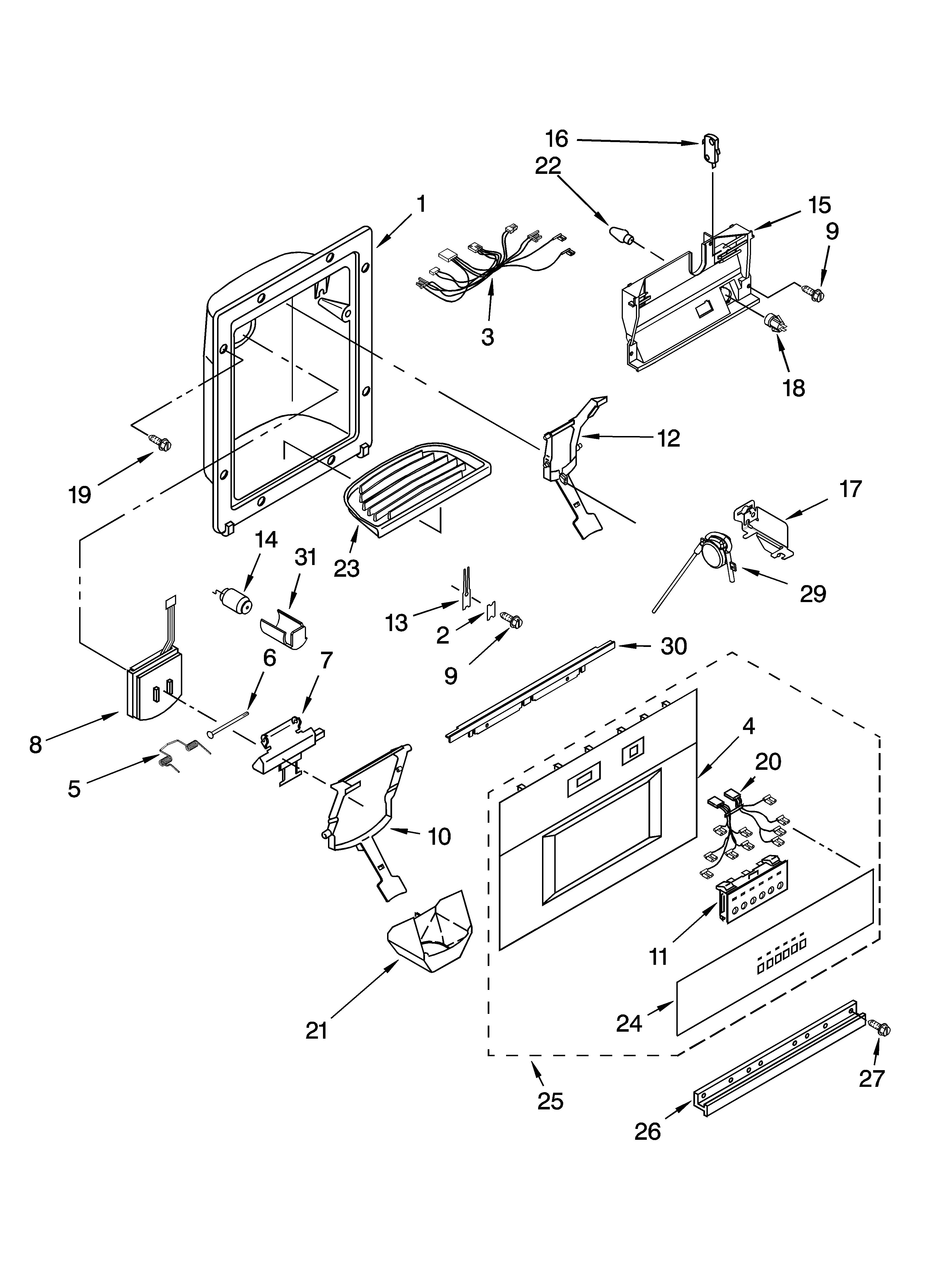 KitchenAid KSSO42QMX02 dispenser and front parts diagram