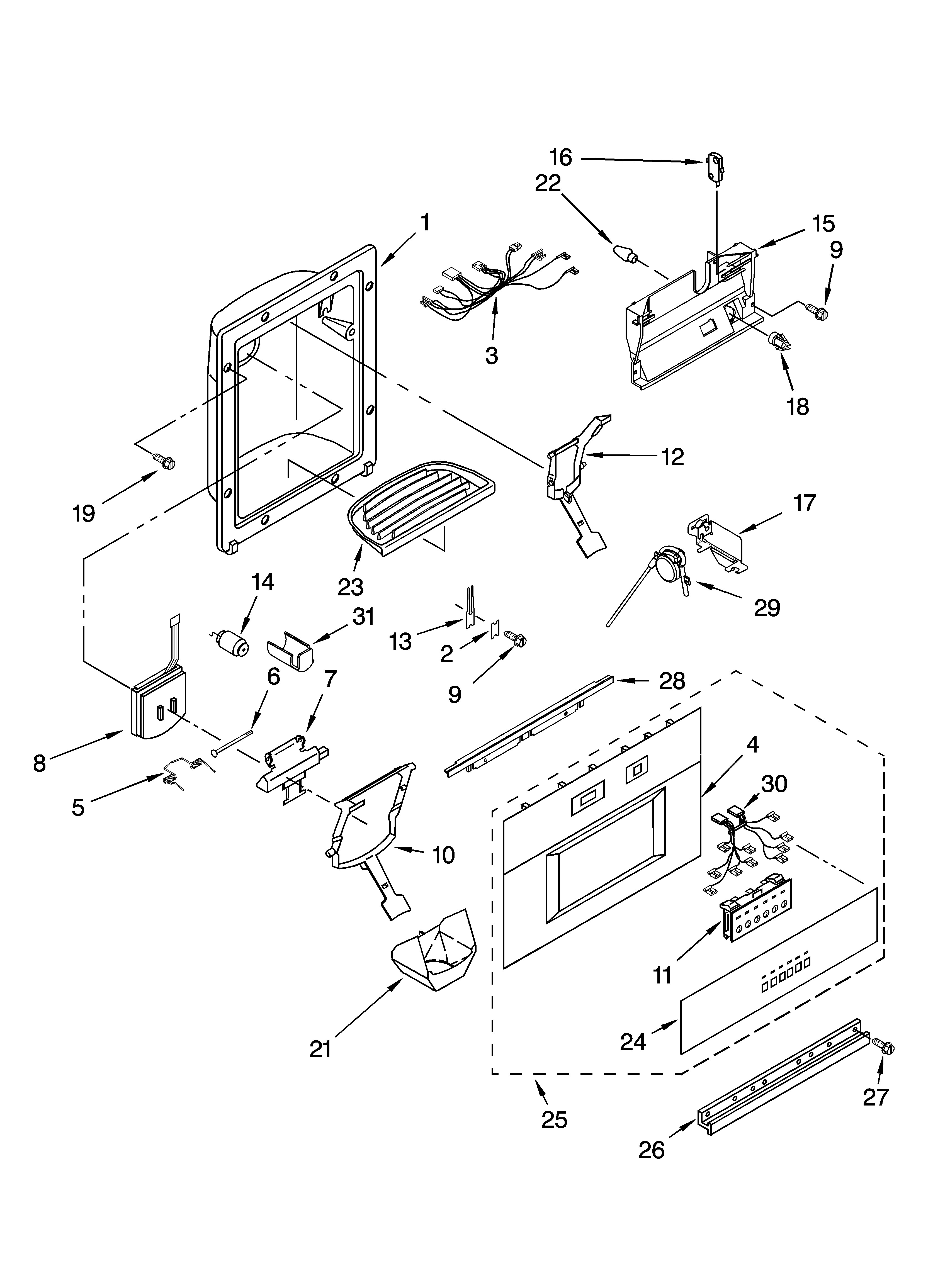 KitchenAid KSSO48QMX02 dispenser and front parts diagram