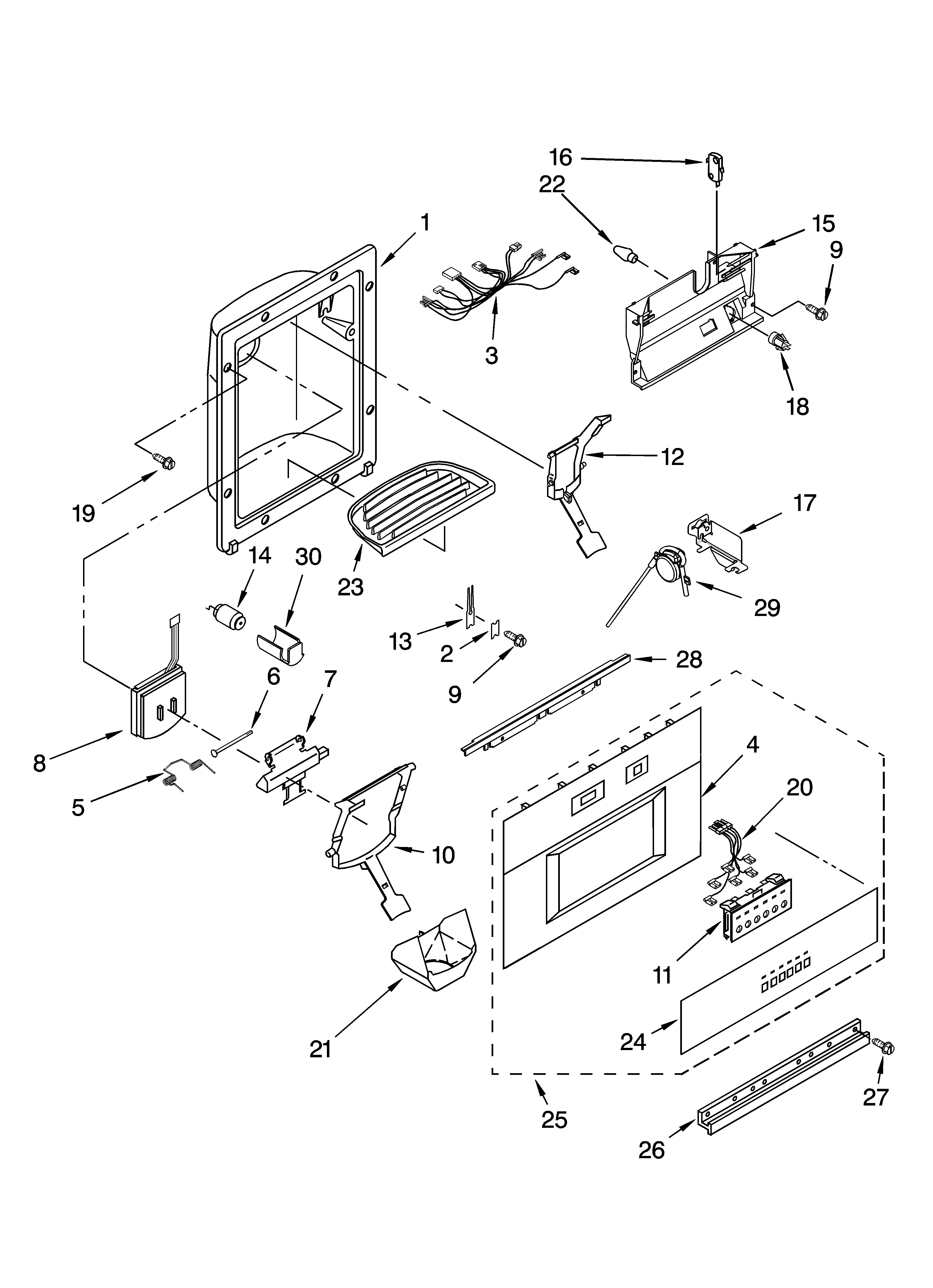 KitchenAid KSSP42QMS02 dispenser and front parts diagram