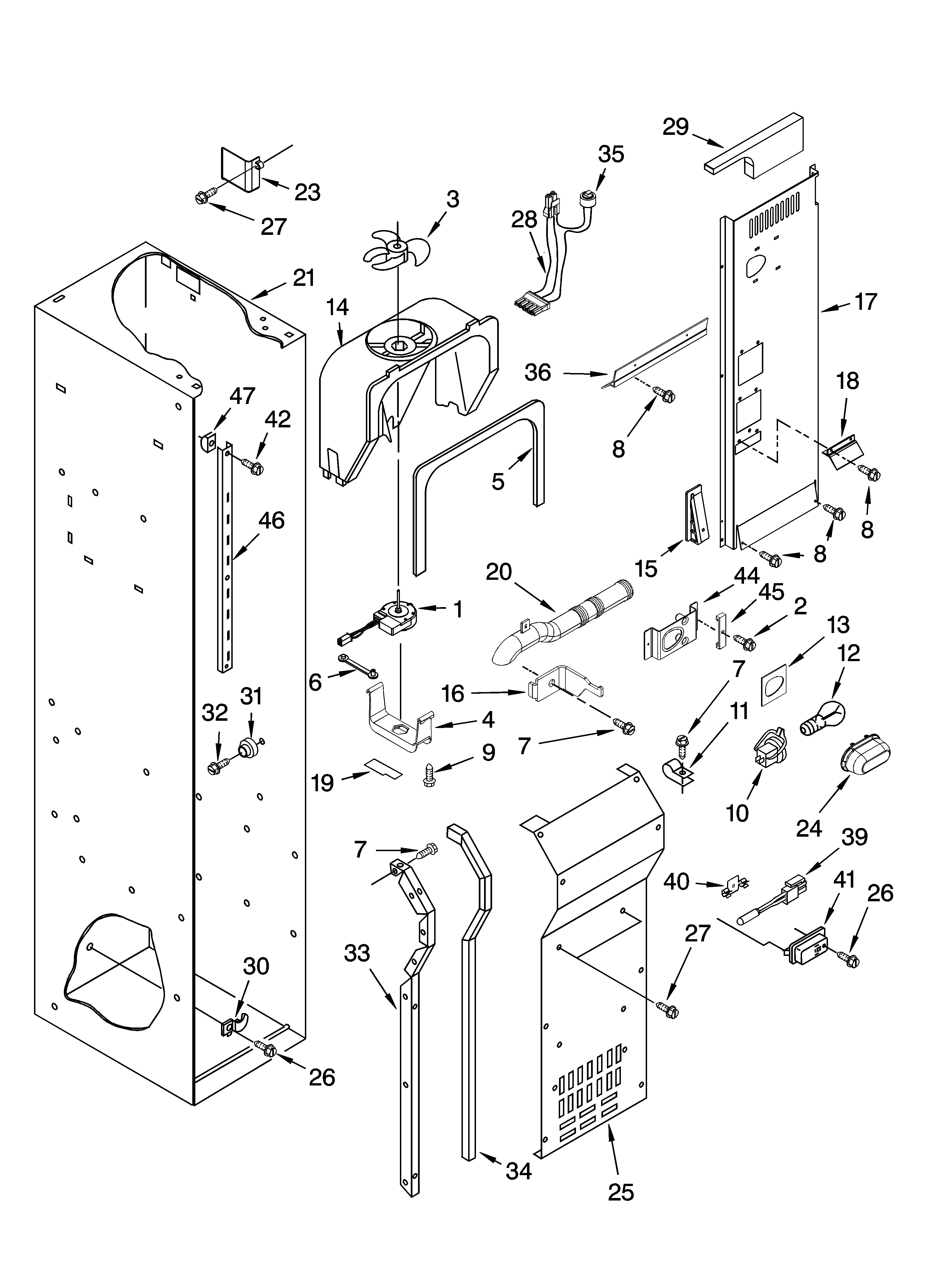 KitchenAid KSSS36FMX02 freezer liner and air flow parts diagram