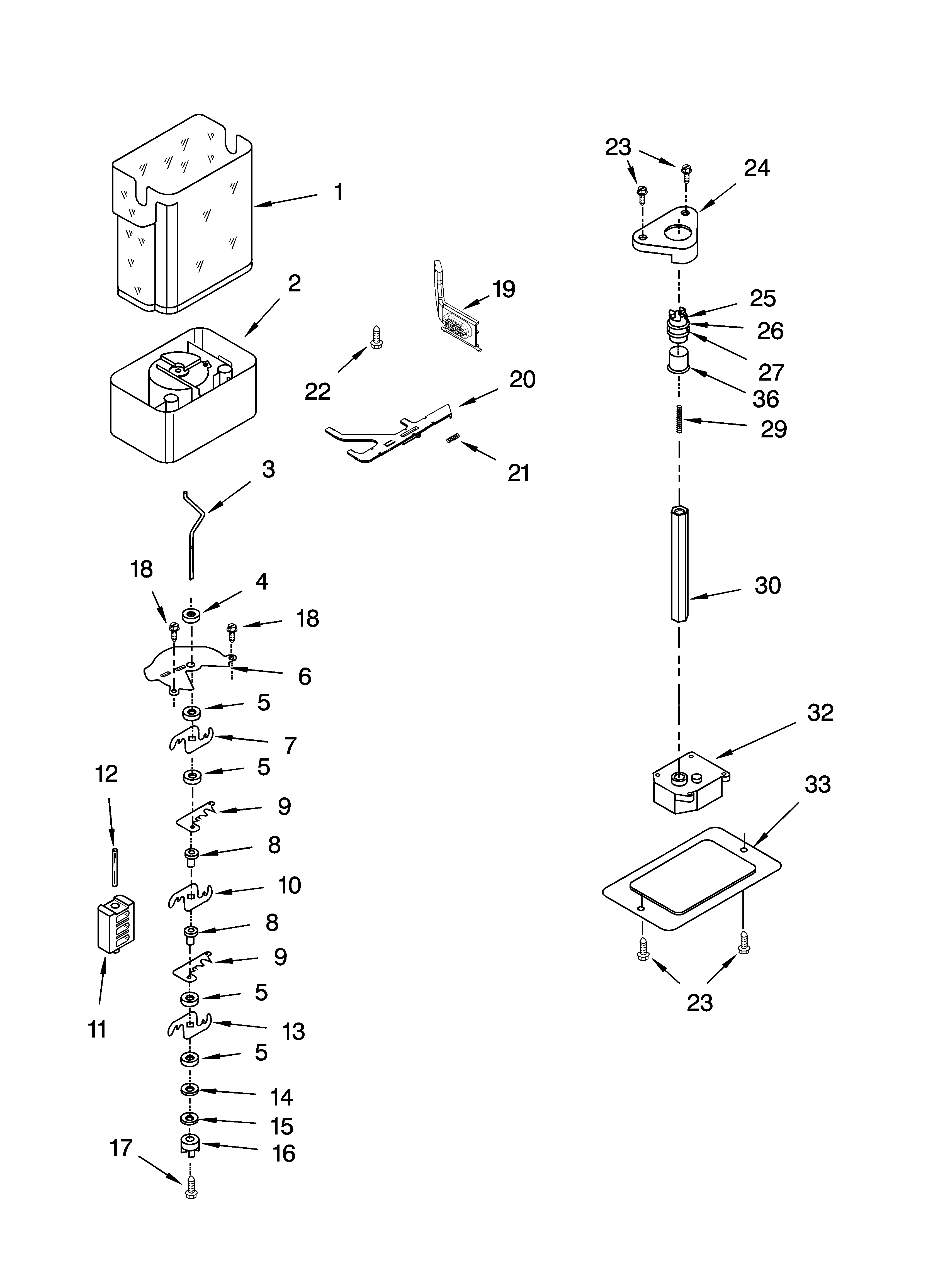 KitchenAid KSSS36QMW02 motor and ice container parts diagram