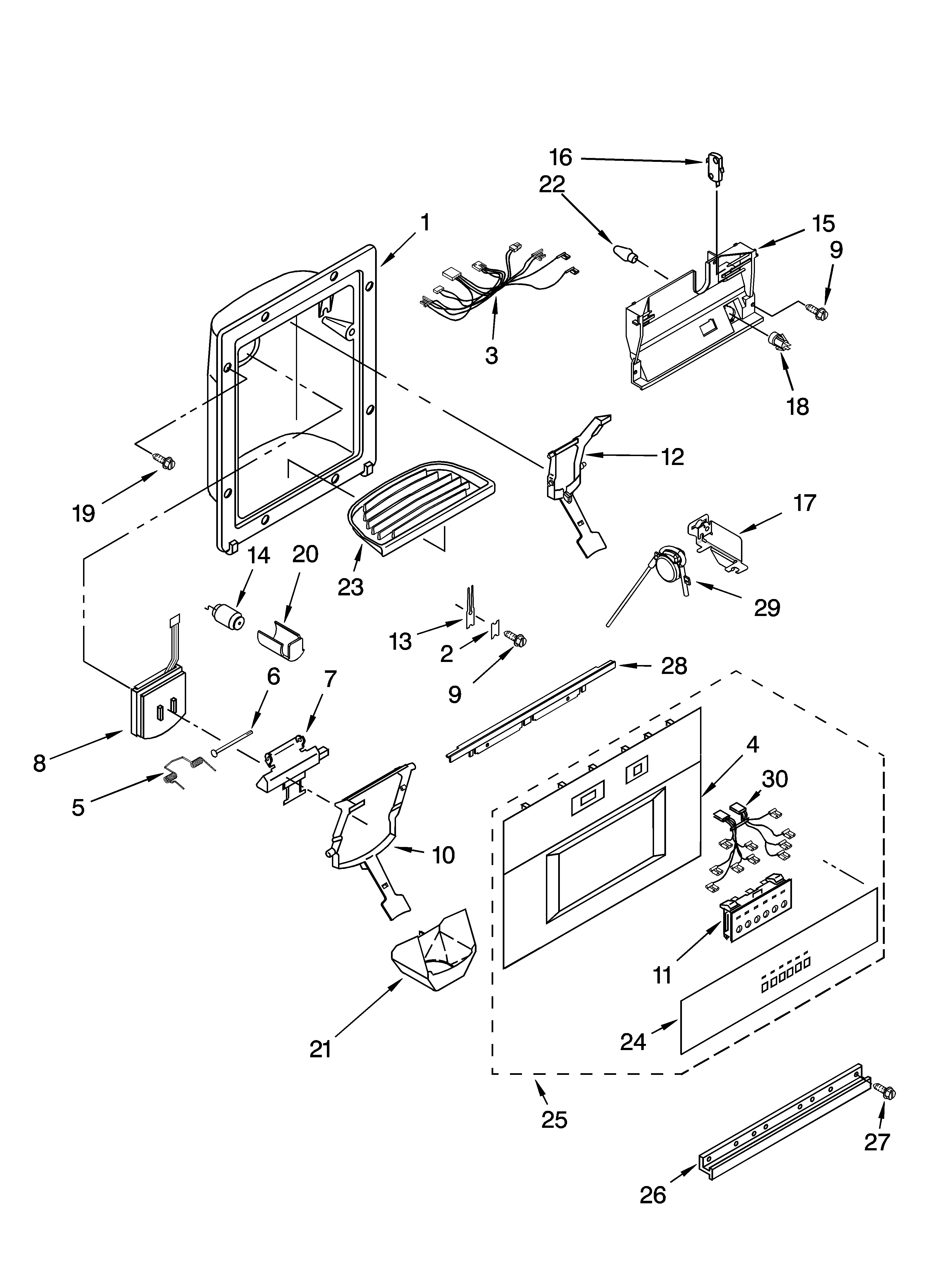 KitchenAid KSSS36QMW02 dispenser and front parts diagram