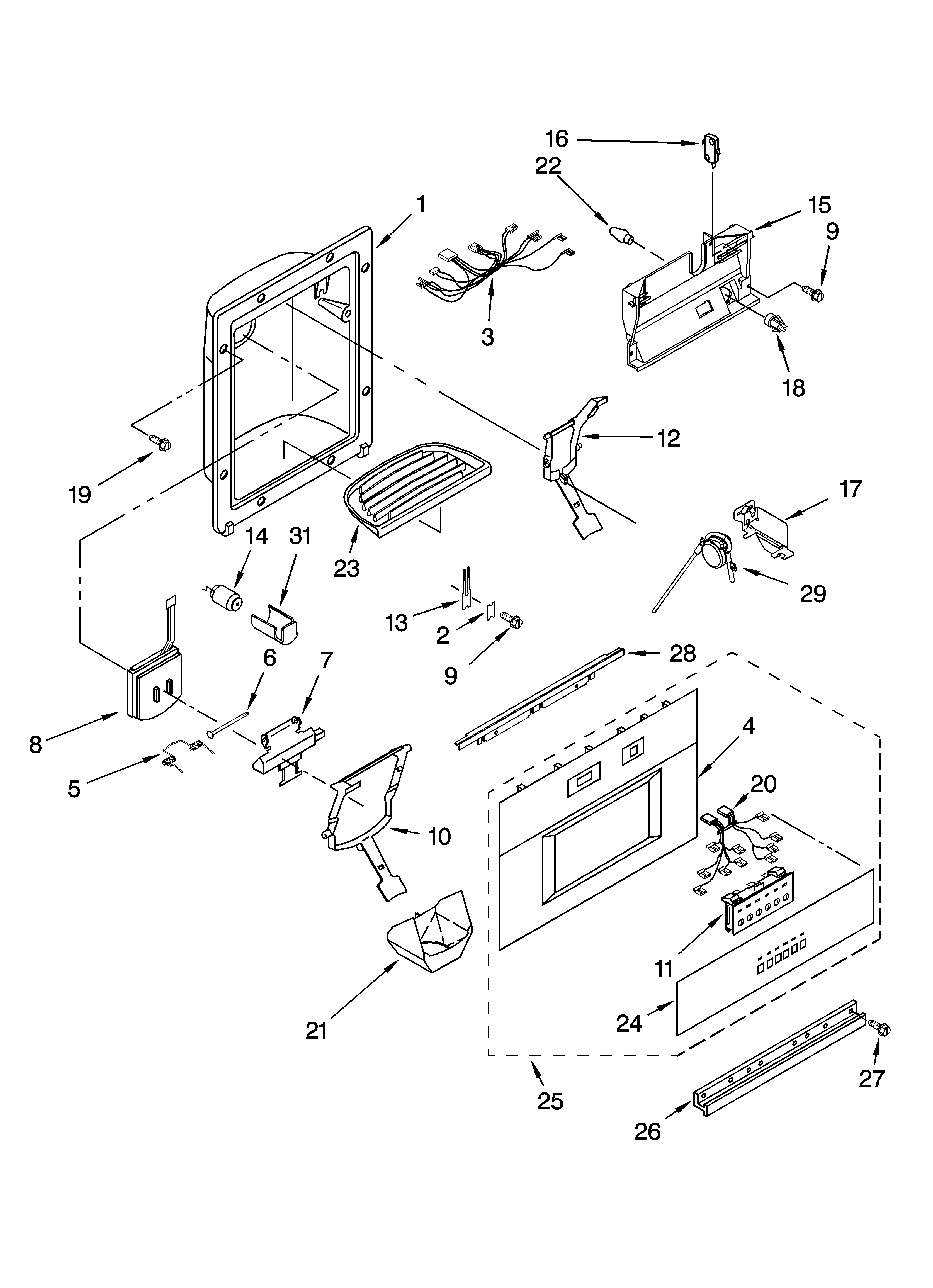 KitchenAid KSSS42QMX02 dispenser and front parts diagram