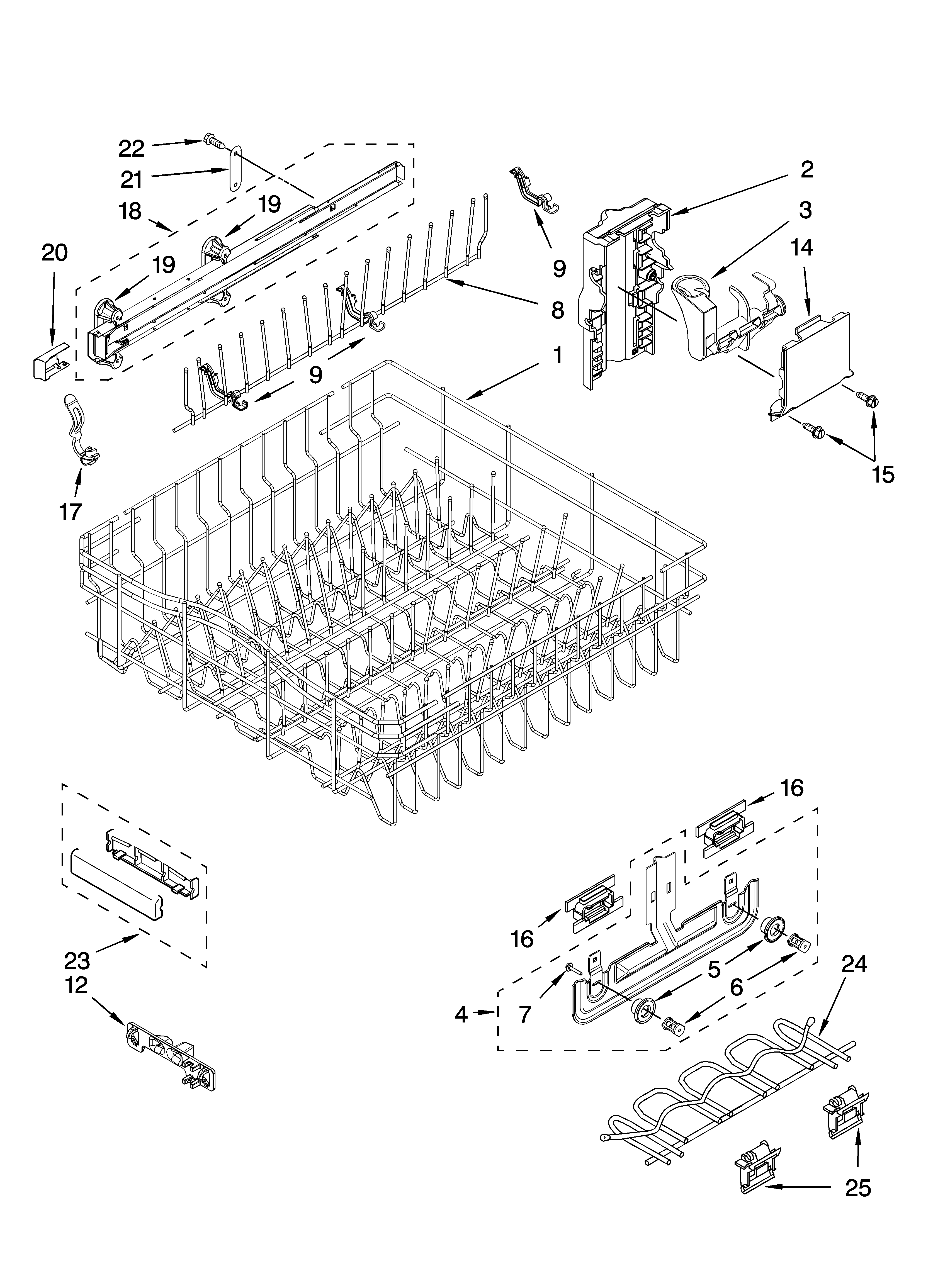 KitchenAid KUDP02CRBT1 upper rack and track parts diagram