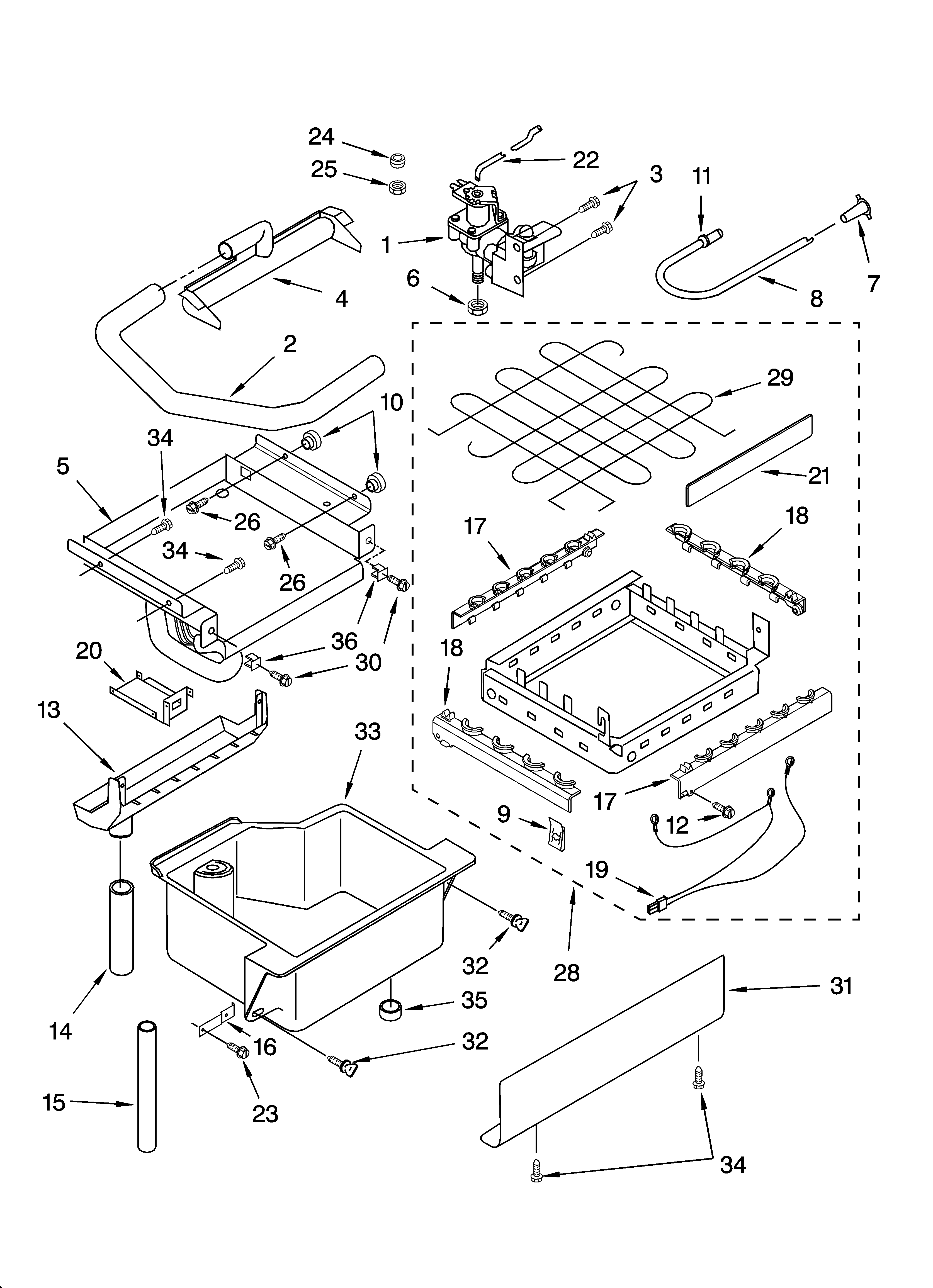 KitchenAid KUIV18NNMM3 evaporator, ice cutter grid and water parts diagram