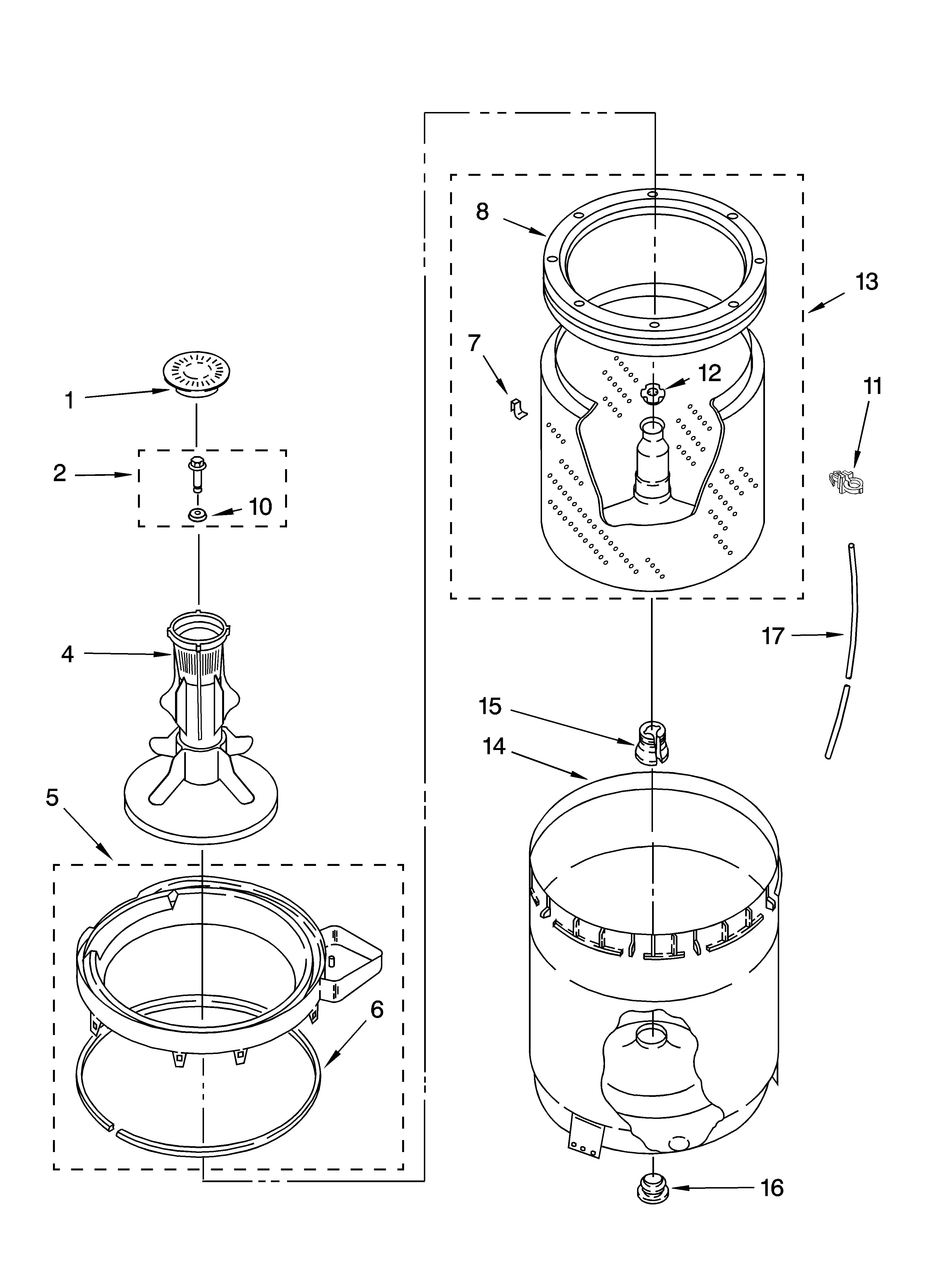 Whirlpool LBR4132PQ2 agitator, basket and tub parts diagram