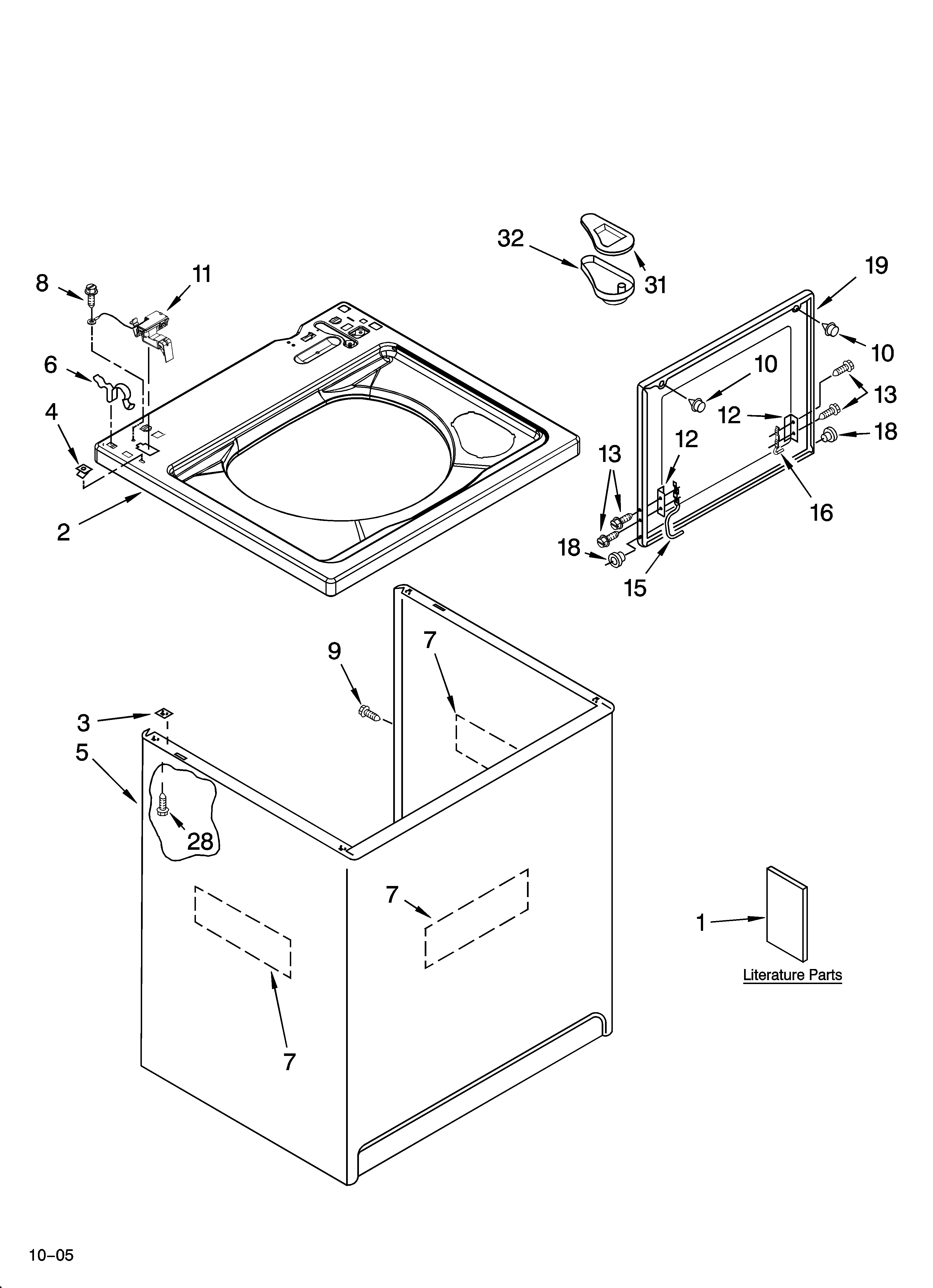 Whirlpool LSN2000PW4 top and cabinet parts diagram