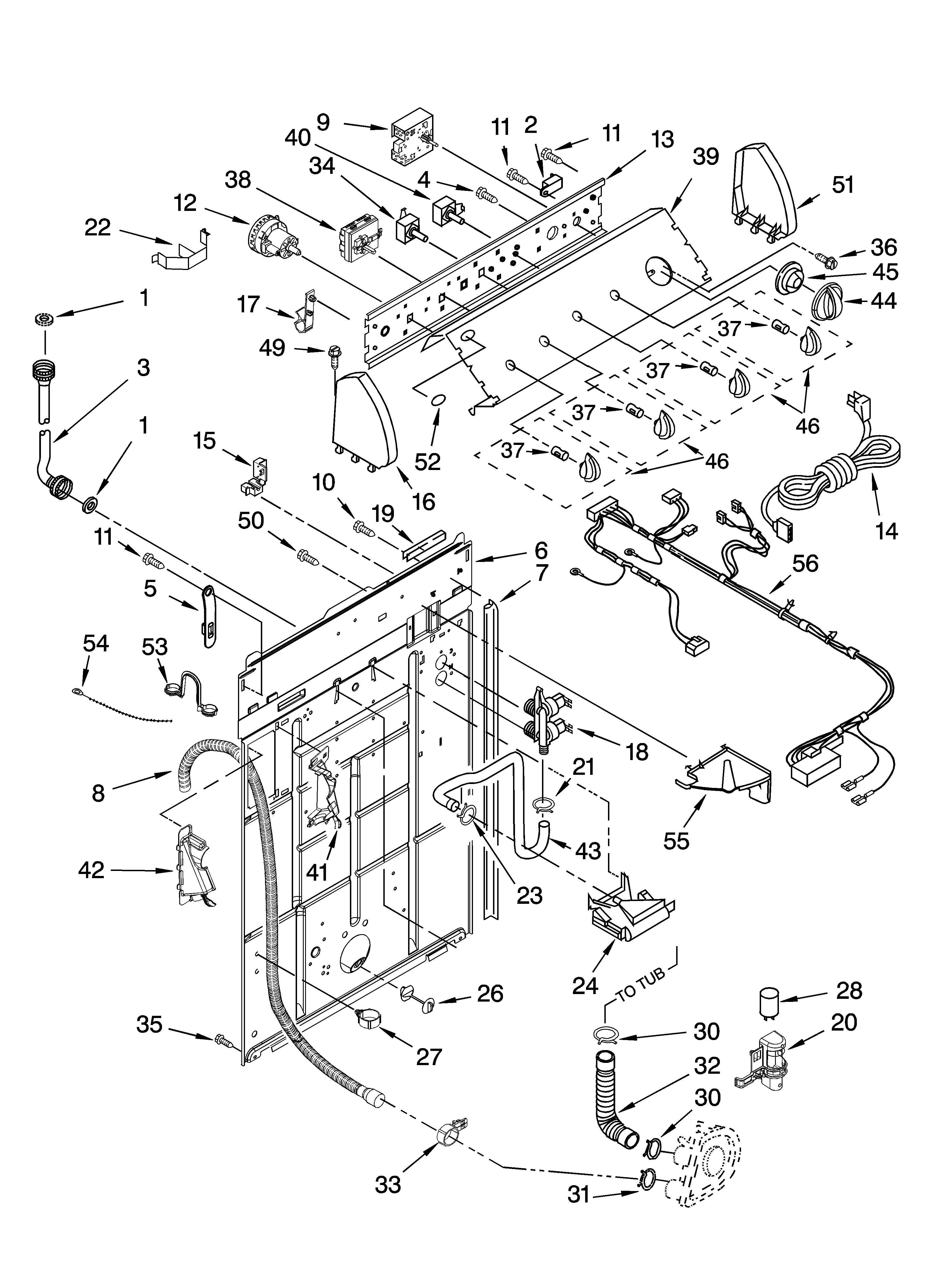 Whirlpool LSN2000PW4 controls and rear panel parts diagram