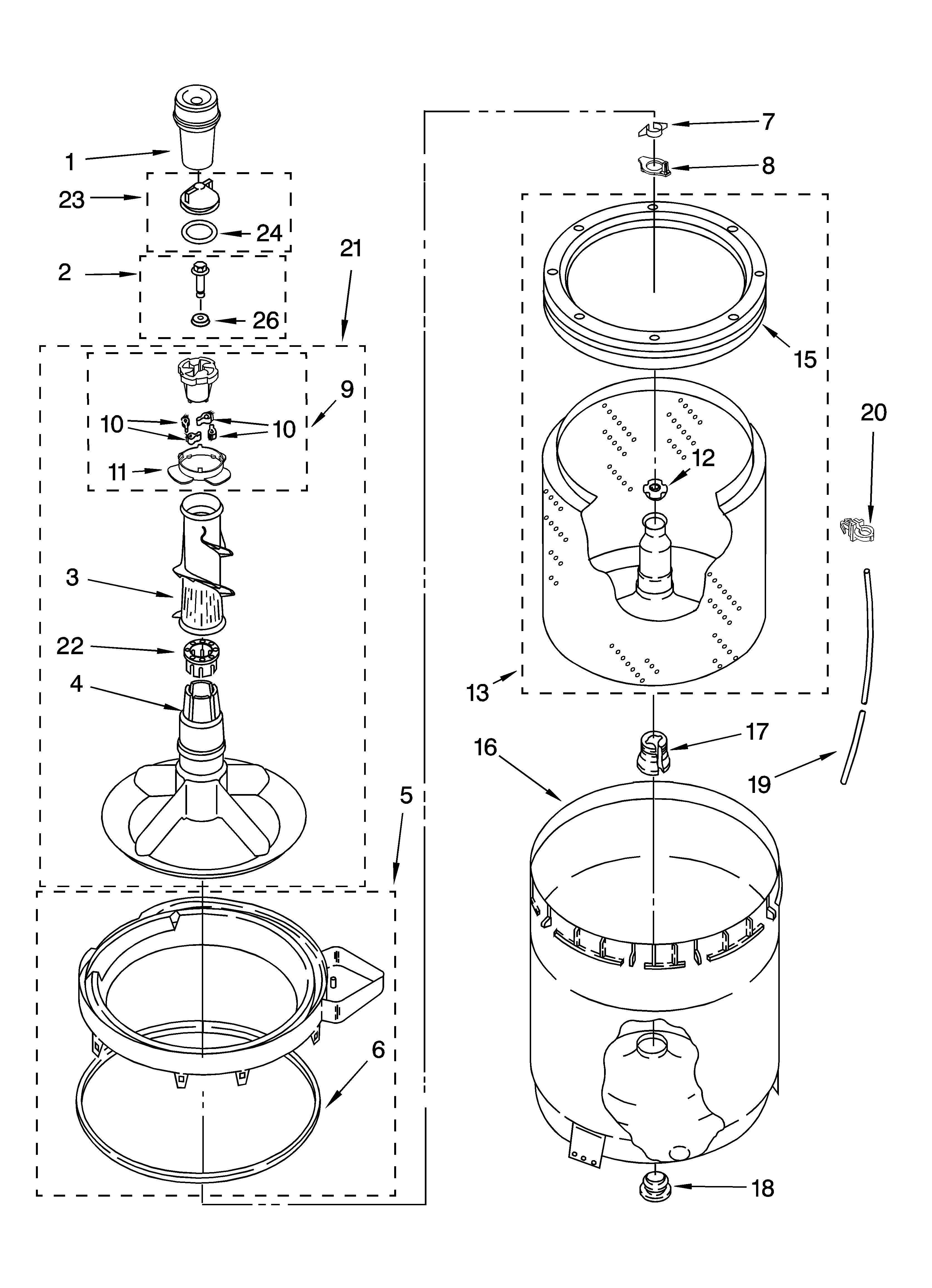 Whirlpool LSN2000PW4 agitator, basket and tub parts diagram