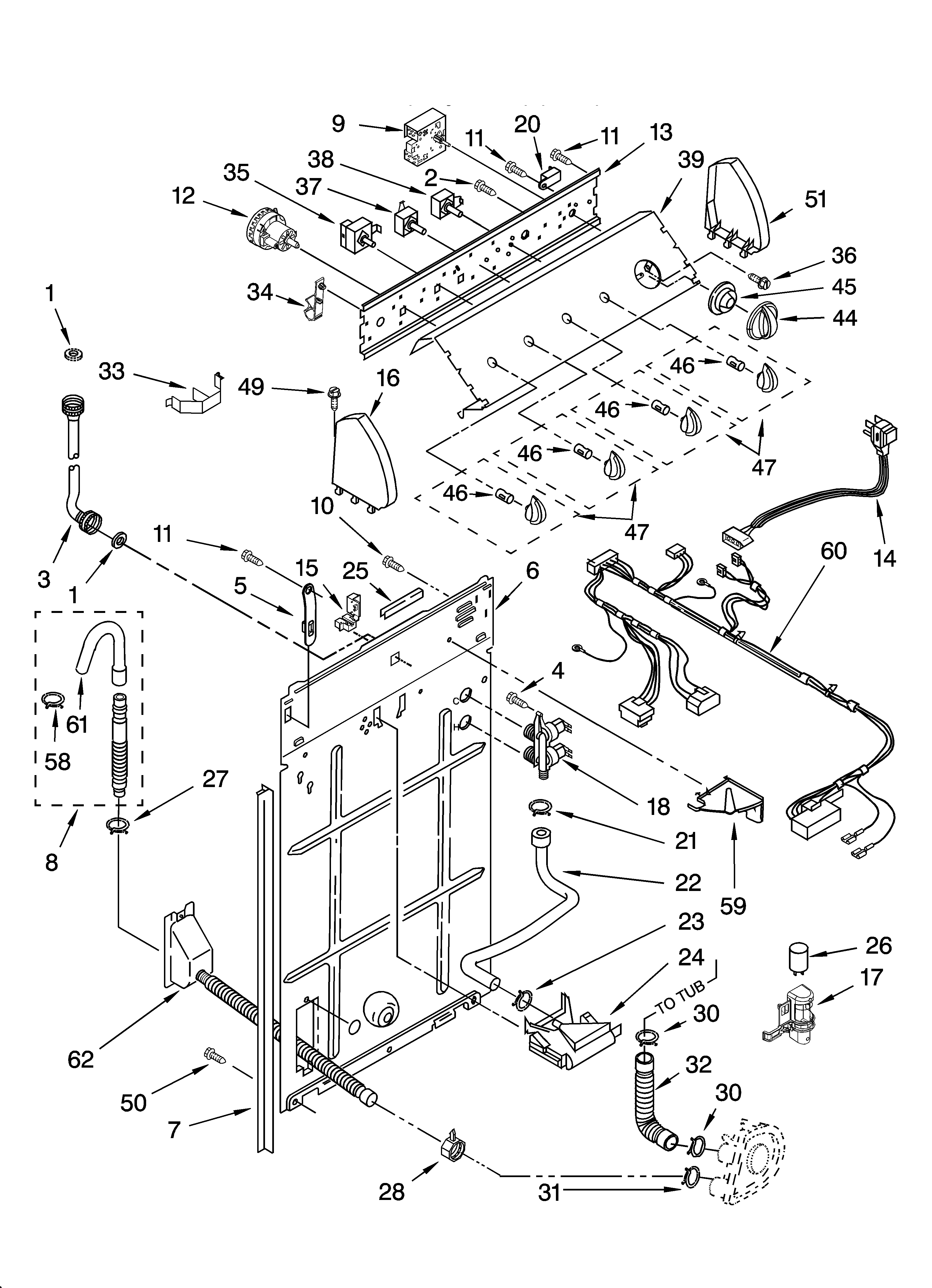Whirlpool LSQ9200PT3 controls and rear panel parts diagram