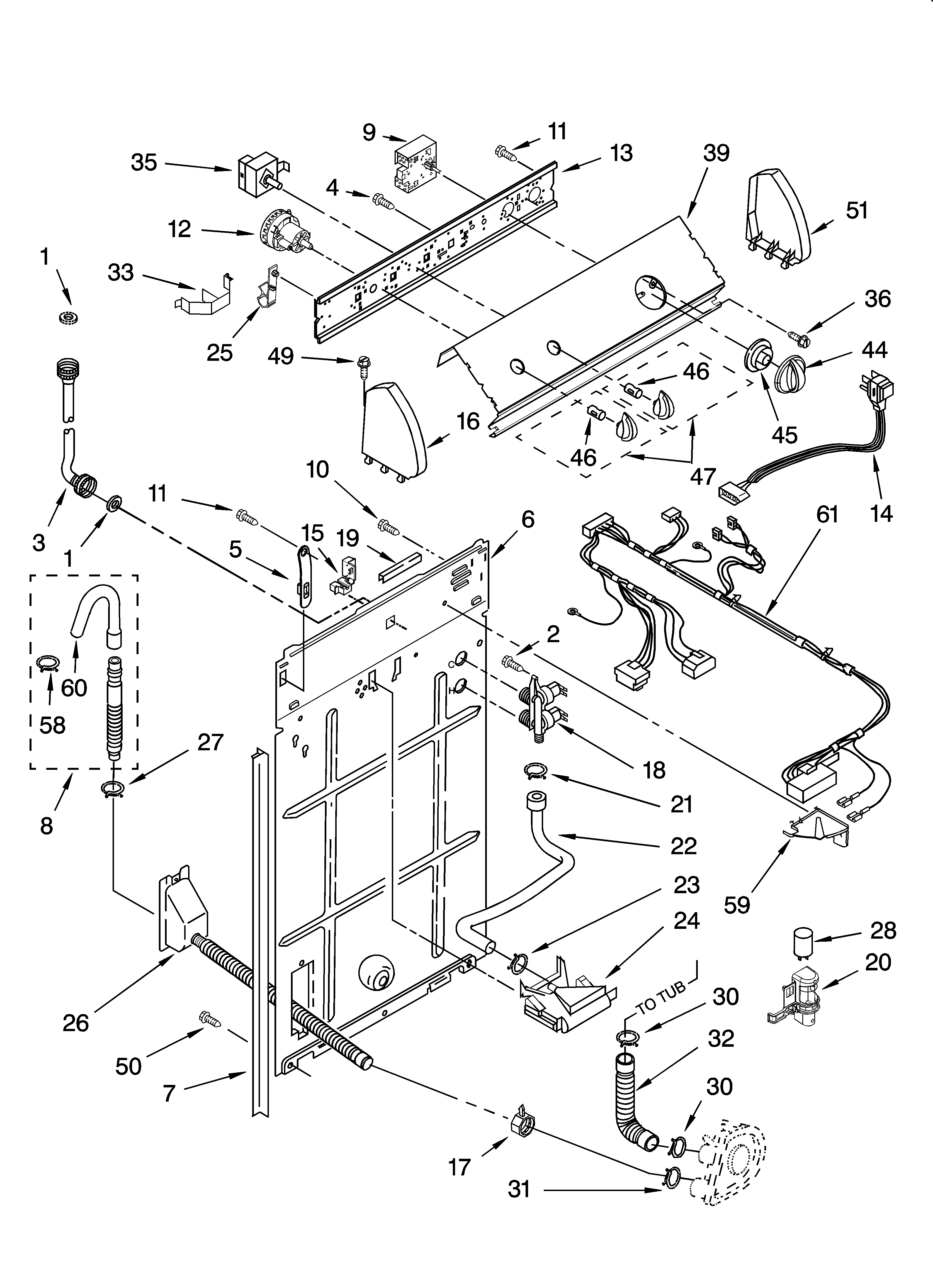 Whirlpool LSR7333PQ3 controls and rear panel parts diagram