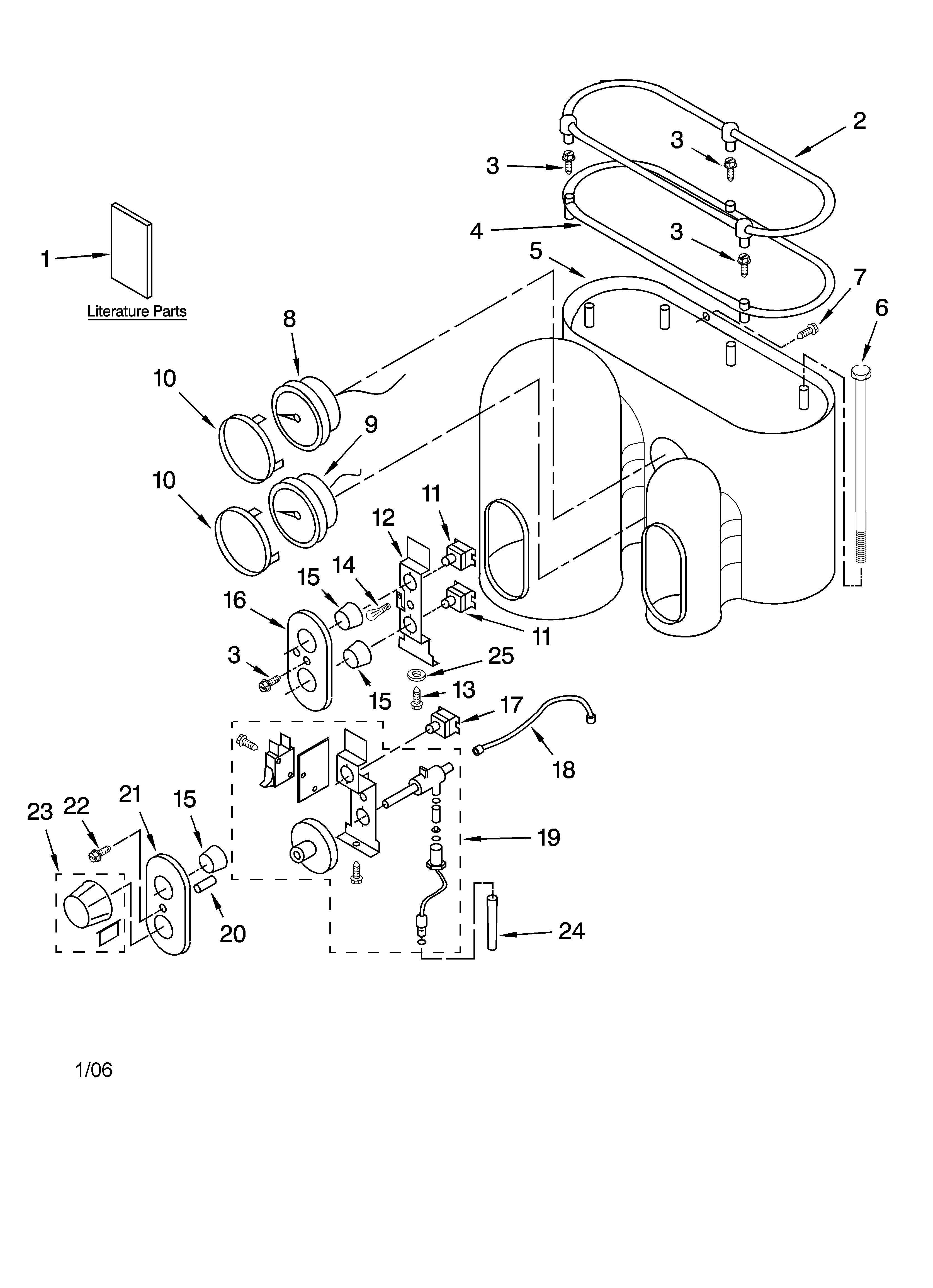KitchenAid KPES100ER1 upper housing and controls diagram