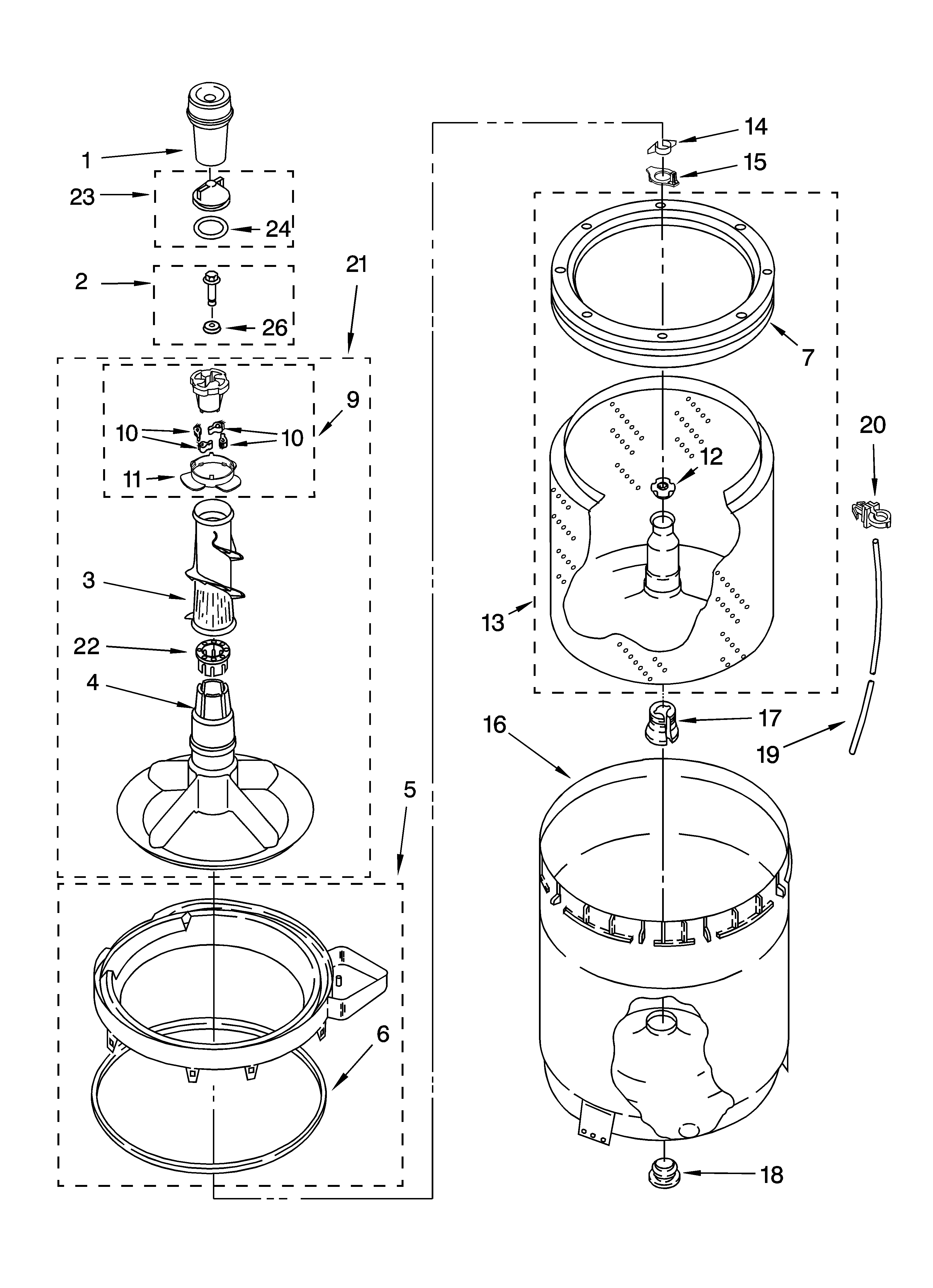 Crosley CAWS833RQ1 agitator, basket and tub parts diagram