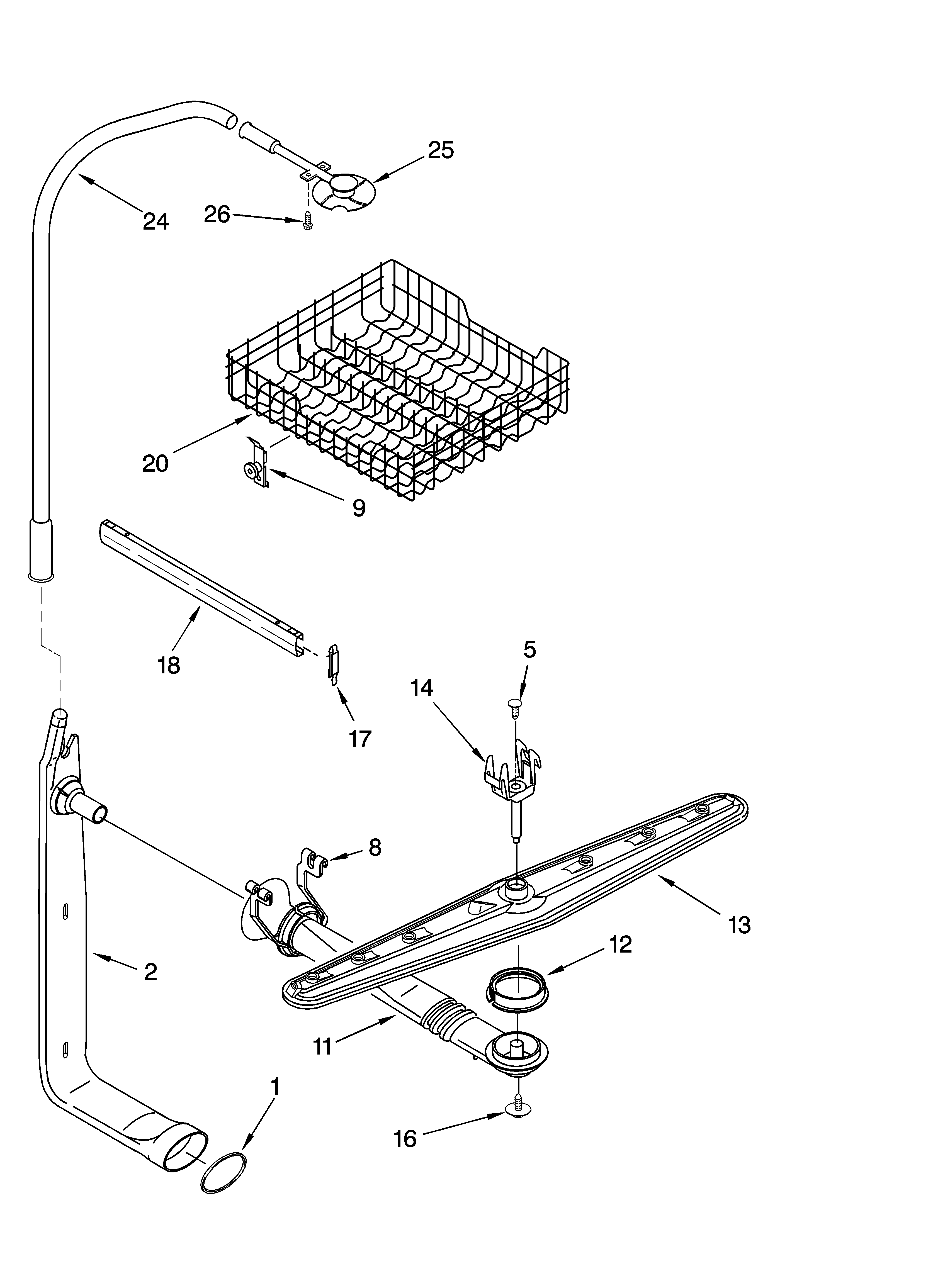 Whirlpool DU915PWPT2 upper dishrack and water feed parts diagram