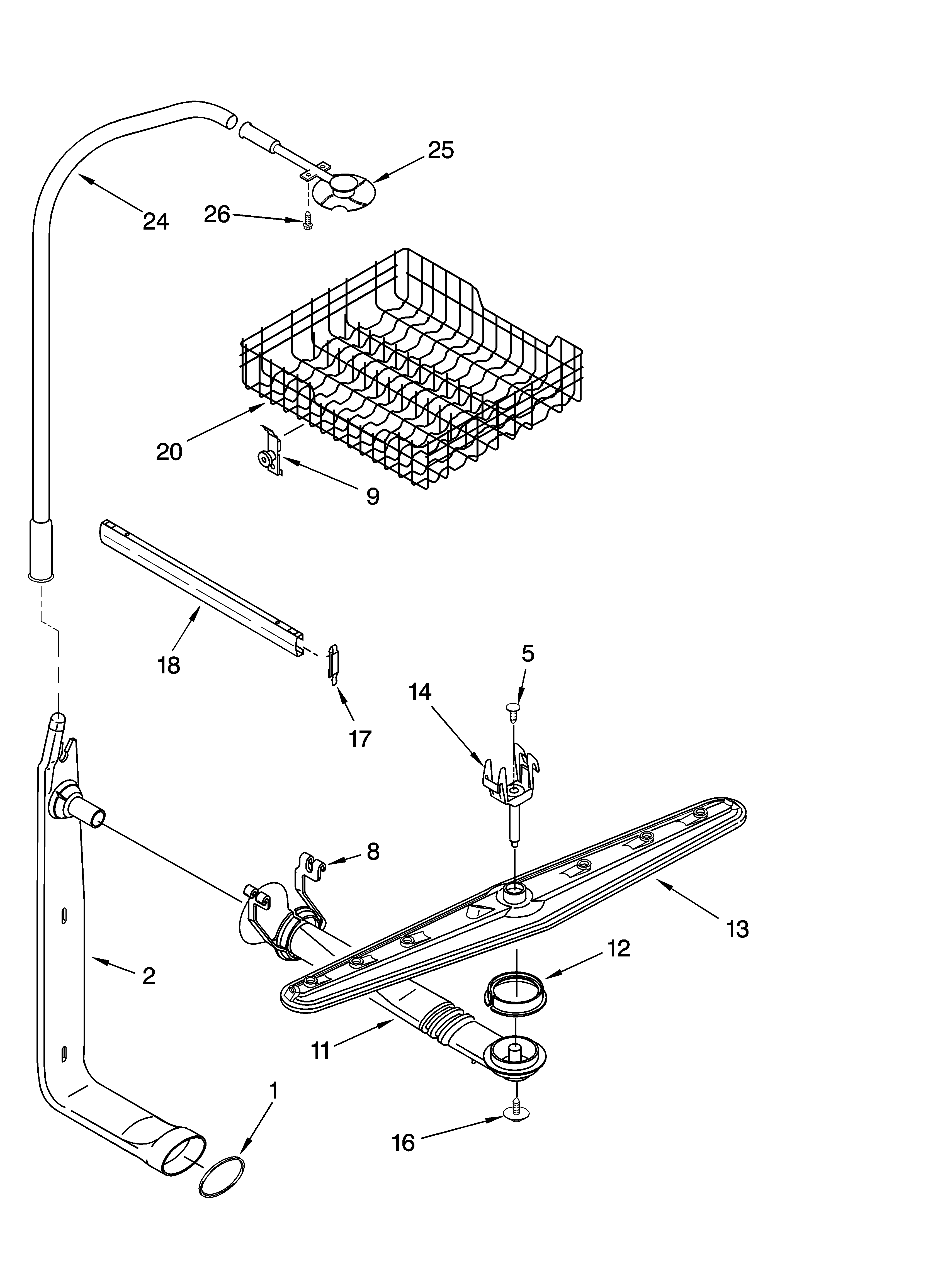 Whirlpool DU930PWPT2 upper dishrack and water feed parts diagram