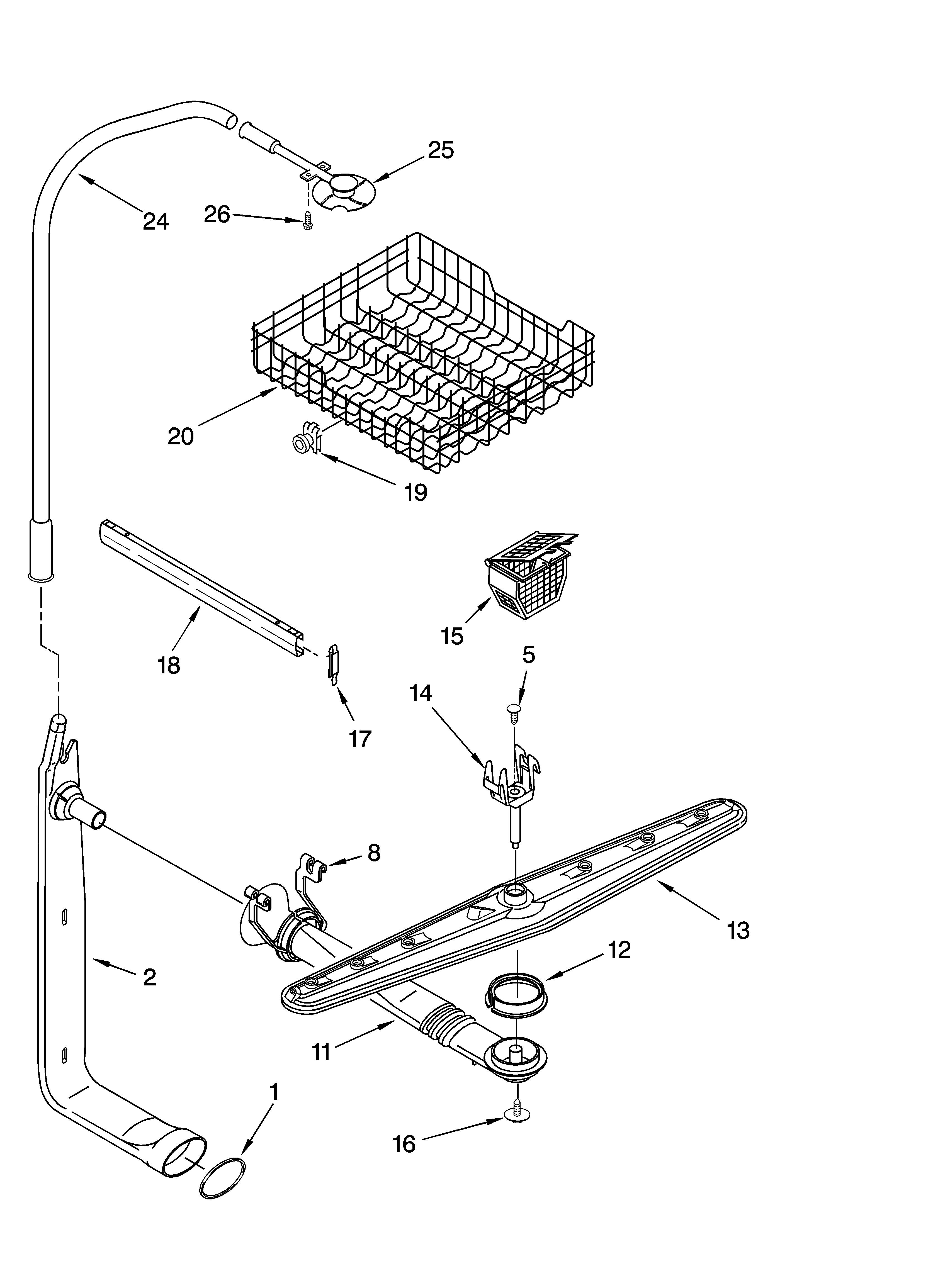 Whirlpool DUL140PPB2 upper dishrack and water feed parts diagram