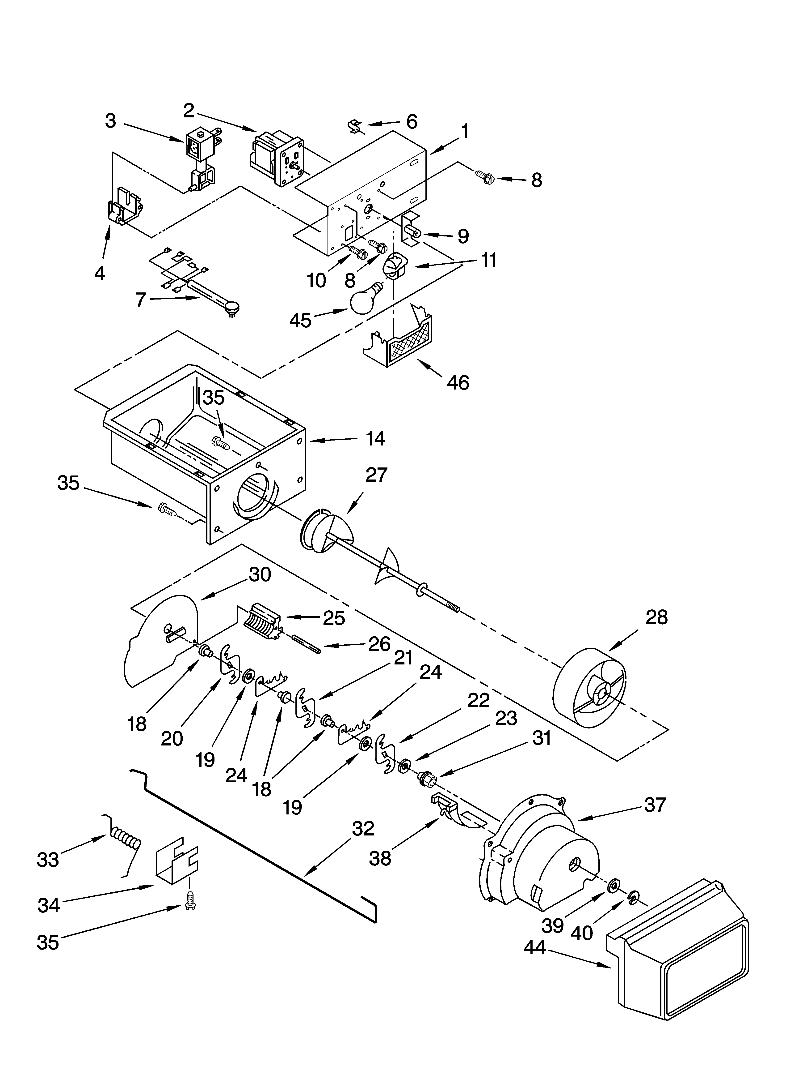 Whirlpool ED5FHGXNQ01 motor and ice container parts diagram