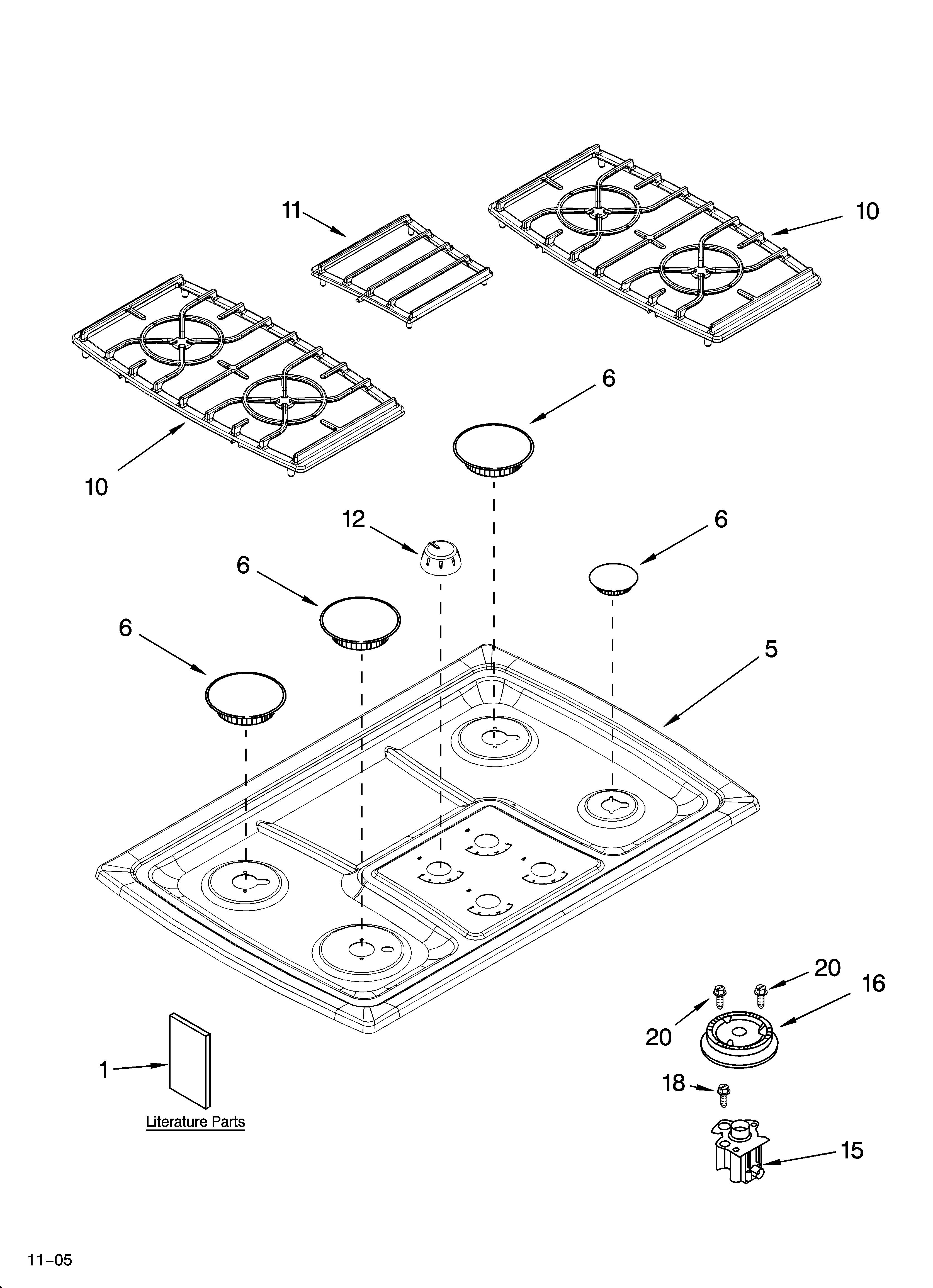 KitchenAid KGCC706RSS01 cooktop, burner and grate parts diagram
