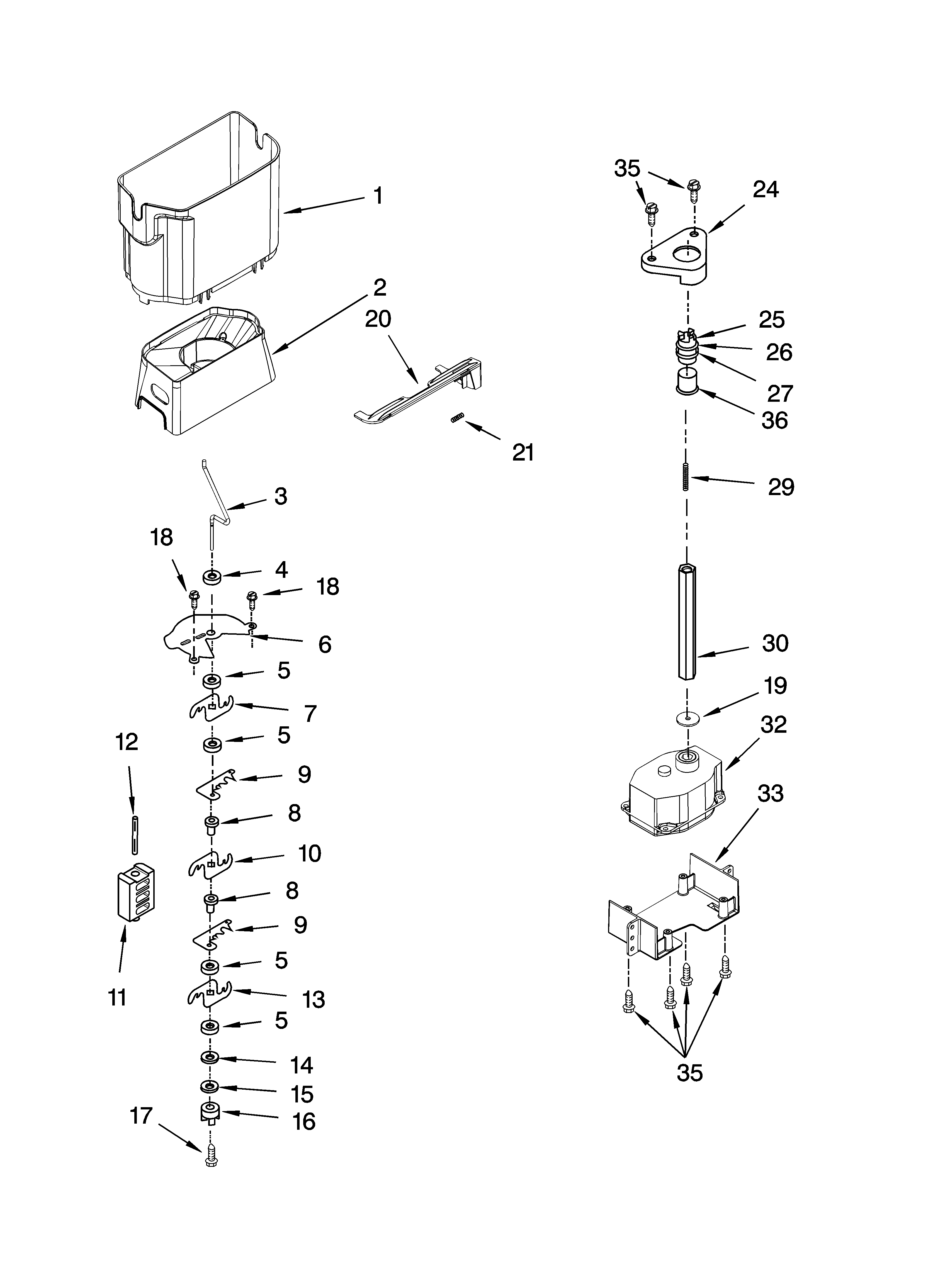 KitchenAid KSRF25FRBL01 motor and ice container parts diagram