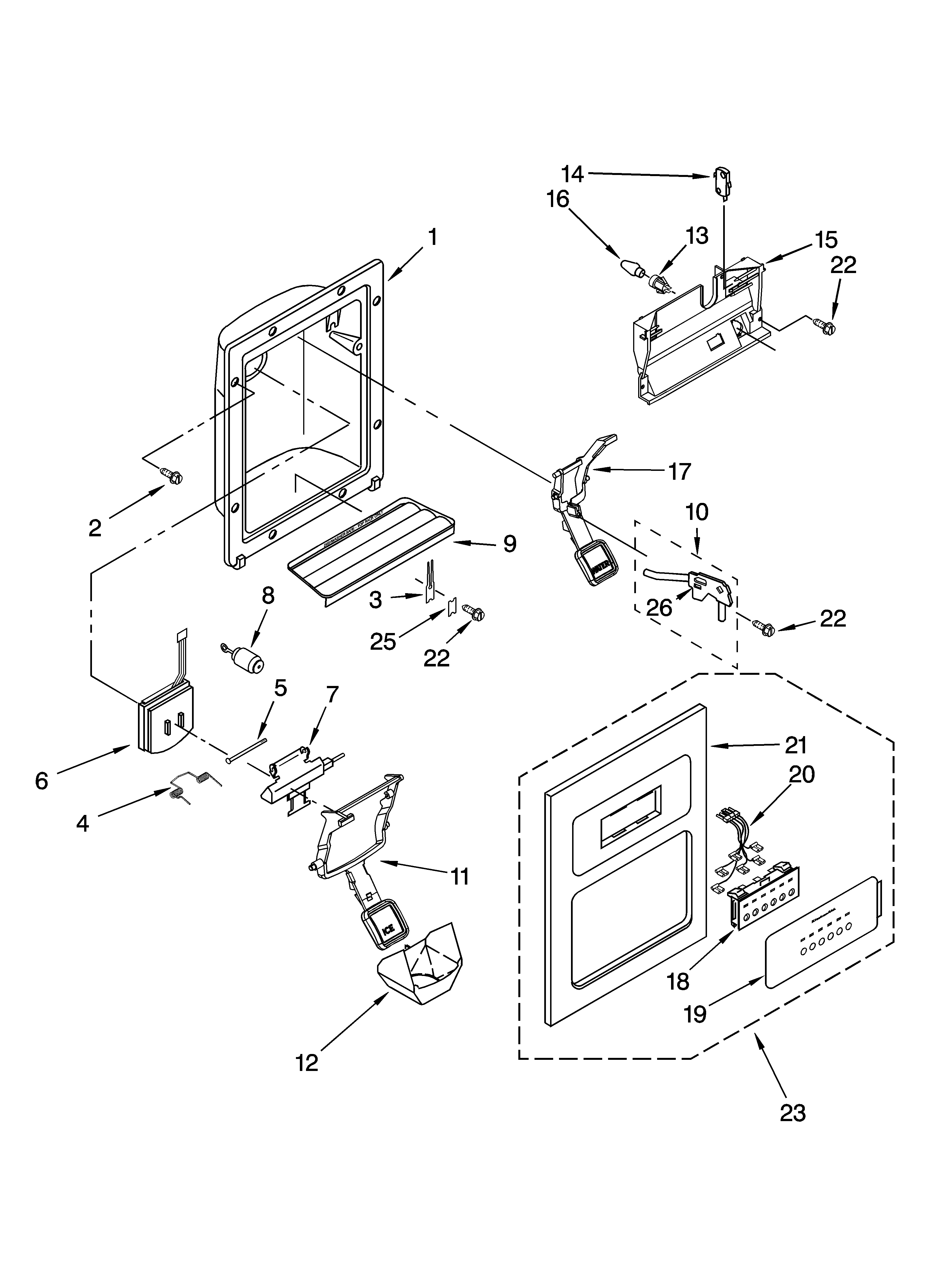 KitchenAid KSRG25FKSS17 dispenser front parts diagram